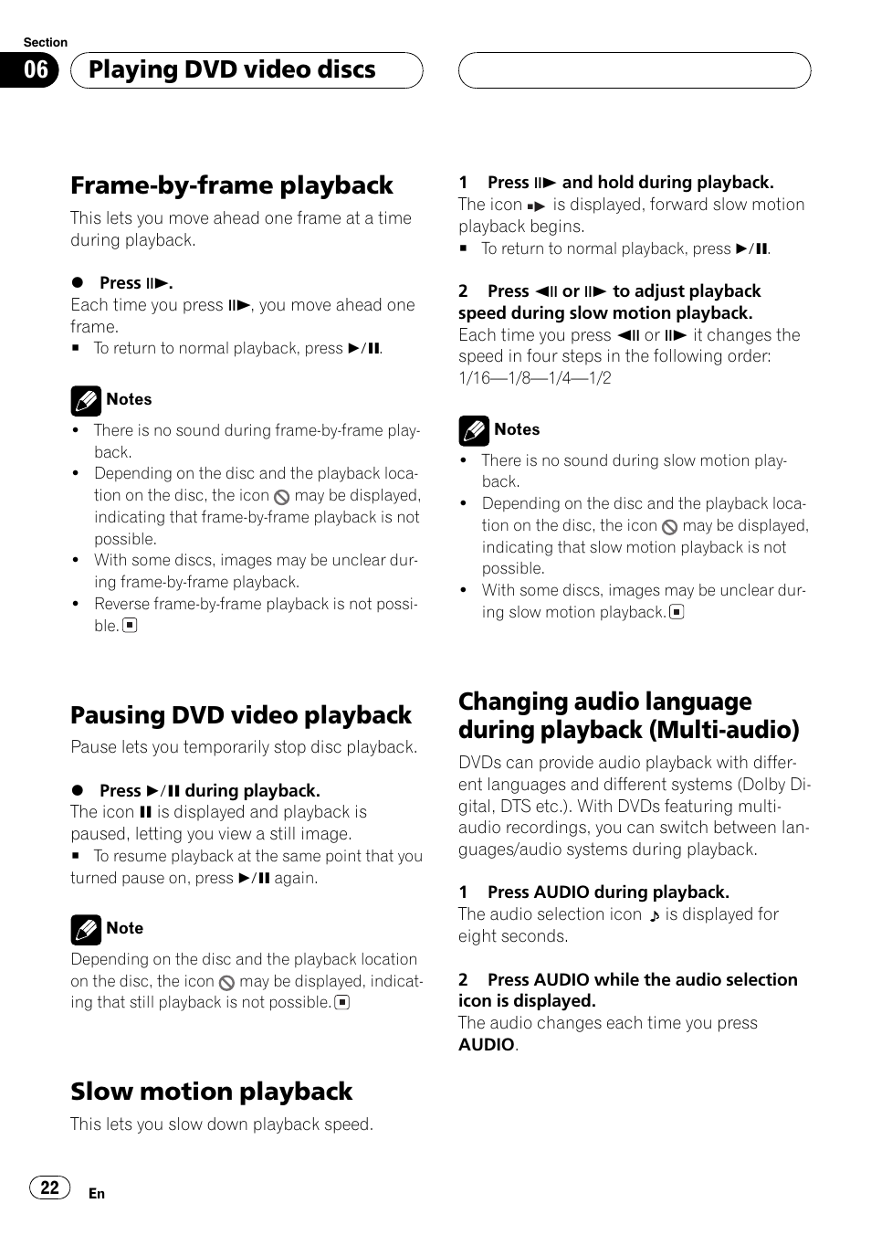 Multi-audio) 22, Frame-by-frame playback, Pausing dvd video playback | Slow motion playback, Playing dvd video discs | Pioneer DVH-P5650MP User Manual | Page 22 / 102