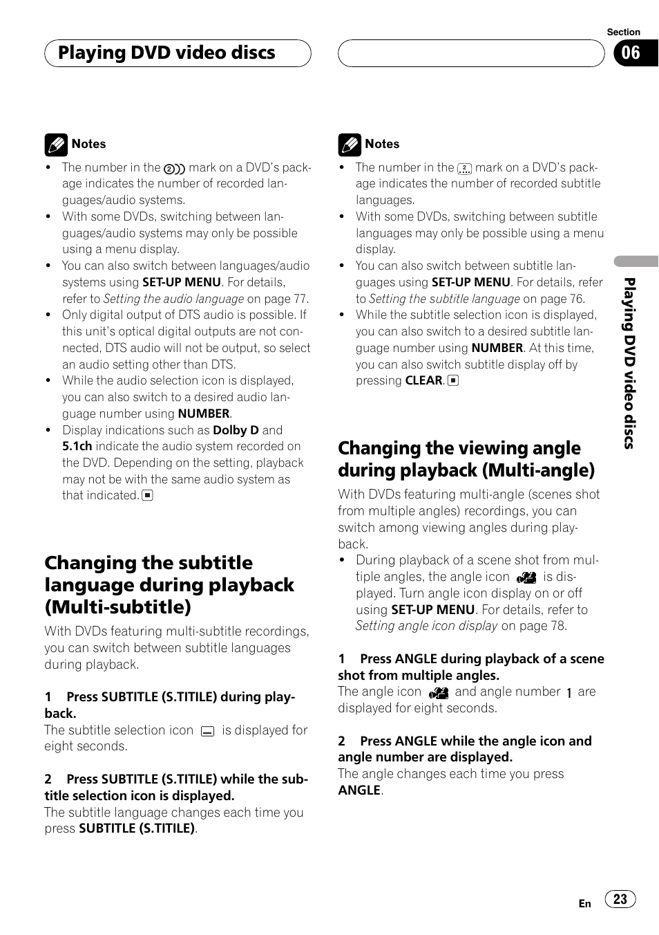 Changing the subtitle language during, Playback (multi-subtitle) 23, Changing the viewing angle during playback | Multi-angle) 23, Playing dvd video discs | Pioneer DVH-P5650MP User Manual | Page 23 / 102