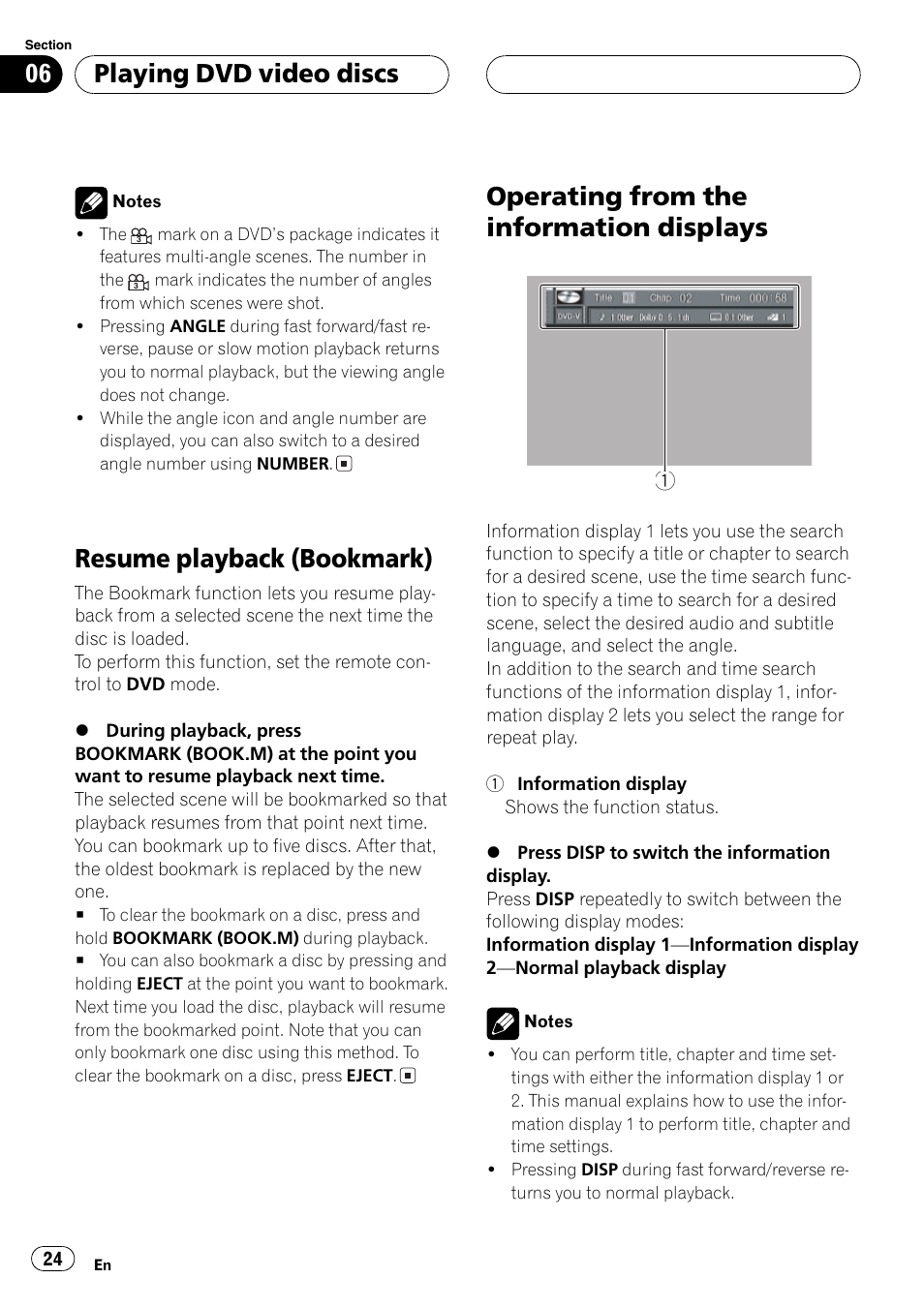 Resume playback, Resume playback (bookmark), Operating from the information displays | Playing dvd video discs | Pioneer DVH-P5650MP User Manual | Page 24 / 102