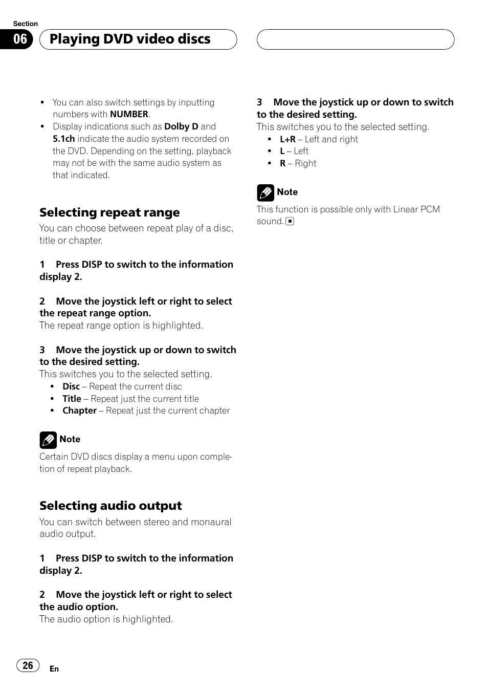 Playing dvd video discs, Selecting repeat range, Selecting audio output | Pioneer DVH-P5650MP User Manual | Page 26 / 102