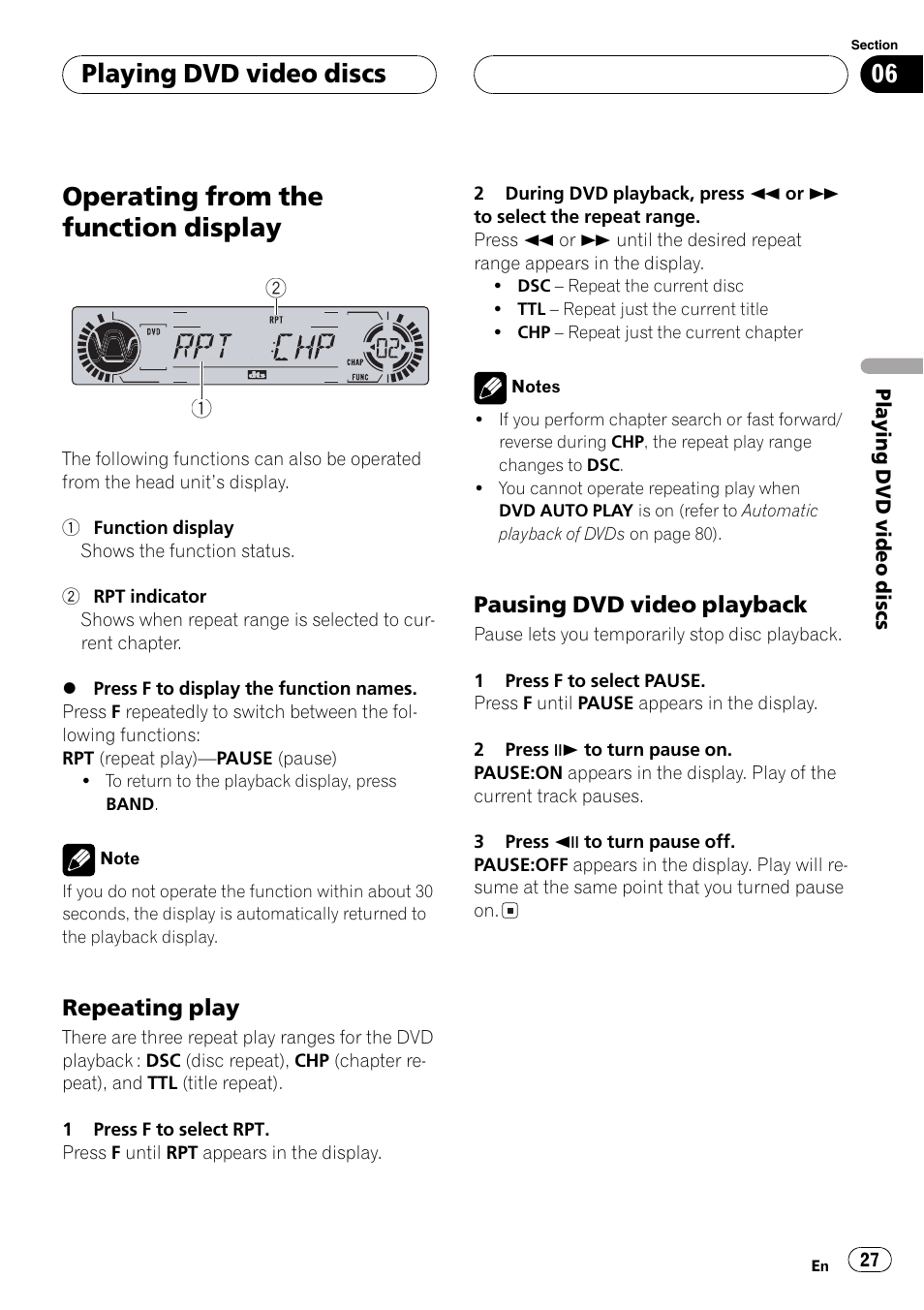 Operating from the function display 27, Operating from the function display, Playing dvd video discs | Pioneer DVH-P5650MP User Manual | Page 27 / 102