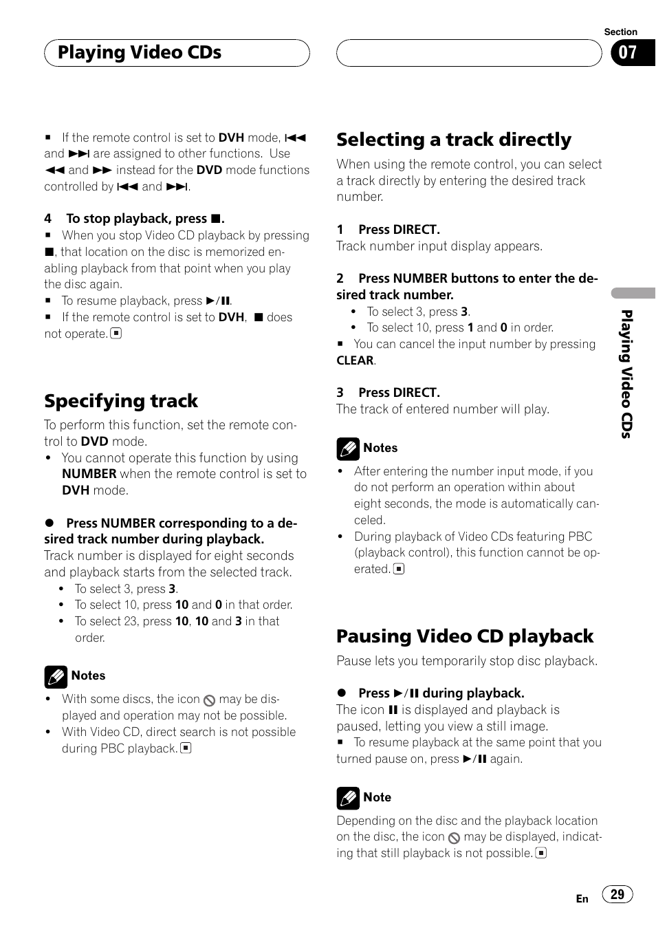 Specifying track, Selecting a trackdirectly, Pausing video cd playback | Playing video cds | Pioneer DVH-P5650MP User Manual | Page 29 / 102