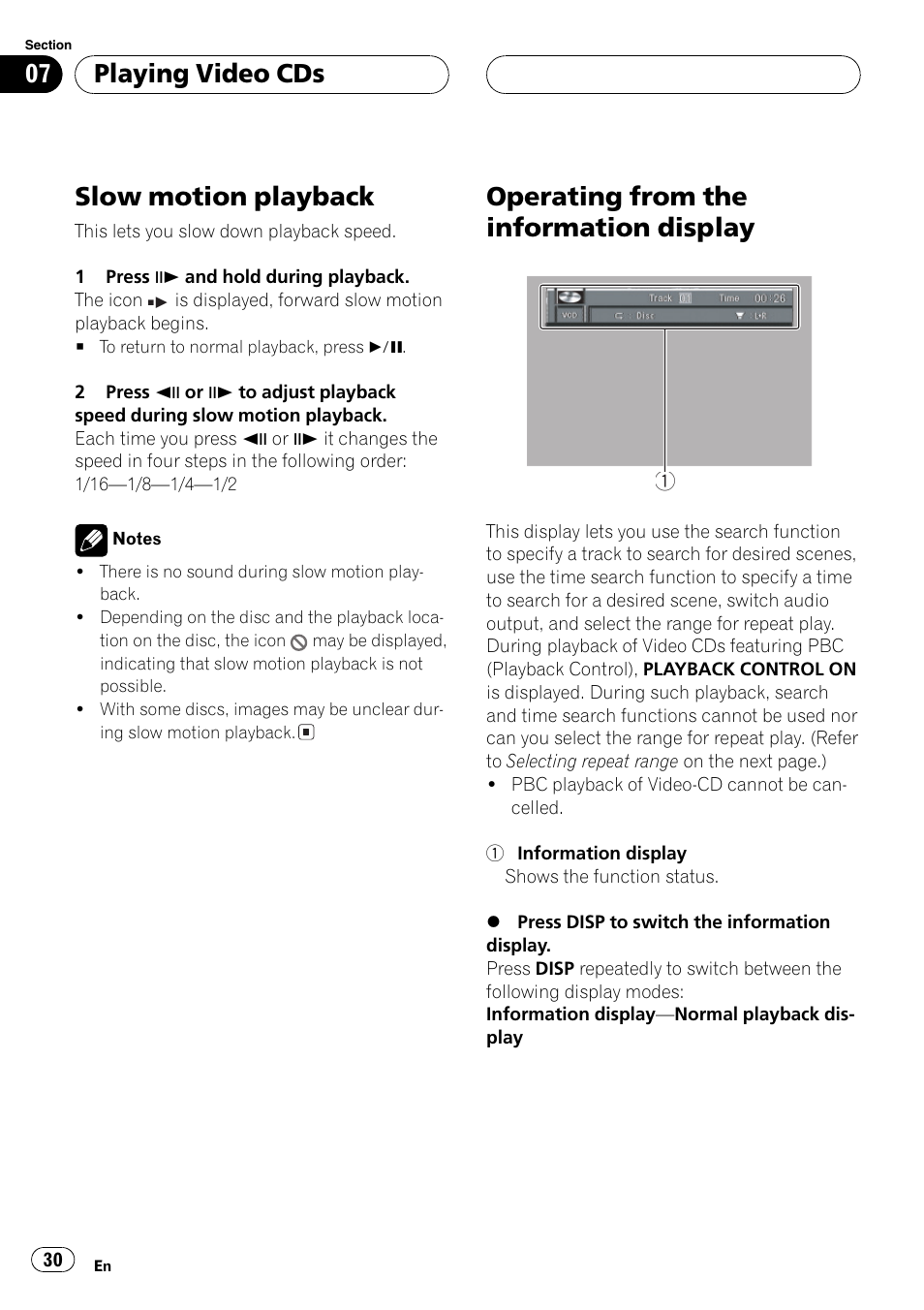 Slow motion playback, Operating from the information display, Playing video cds | Pioneer DVH-P5650MP User Manual | Page 30 / 102