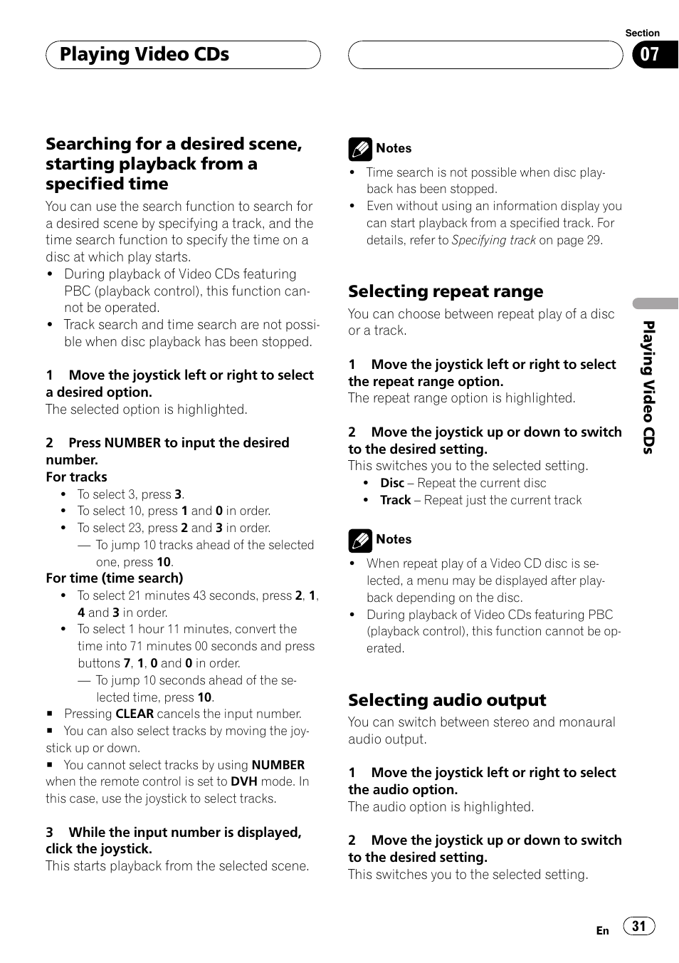 Playing video cds, Selecting repeat range, Selecting audio output | Pioneer DVH-P5650MP User Manual | Page 31 / 102