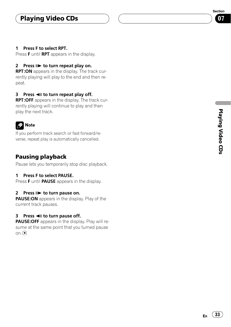 Playing video cds, Pausing playback | Pioneer DVH-P5650MP User Manual | Page 33 / 102