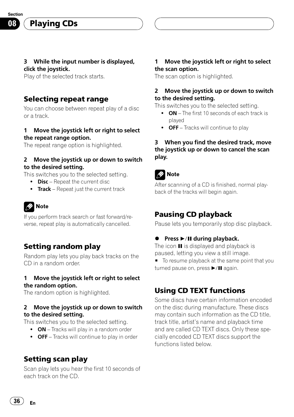 Playing cds, Selecting repeat range, Setting random play | Setting scan play, Pausing cd playback, Using cd text functions | Pioneer DVH-P5650MP User Manual | Page 36 / 102
