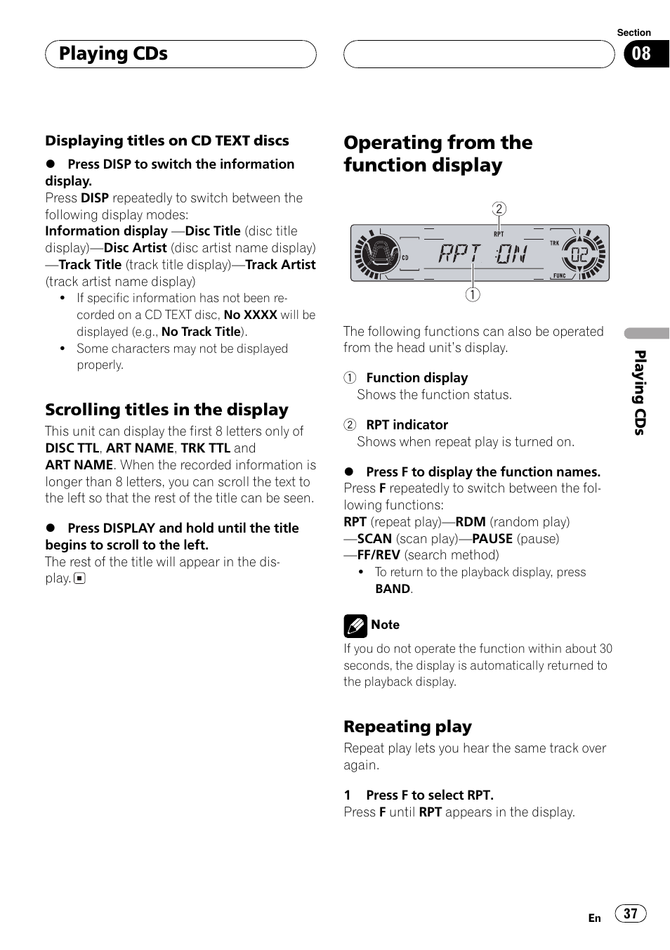 Operating from the function display 37, Operating from the function display, Playing cds | Pioneer DVH-P5650MP User Manual | Page 37 / 102