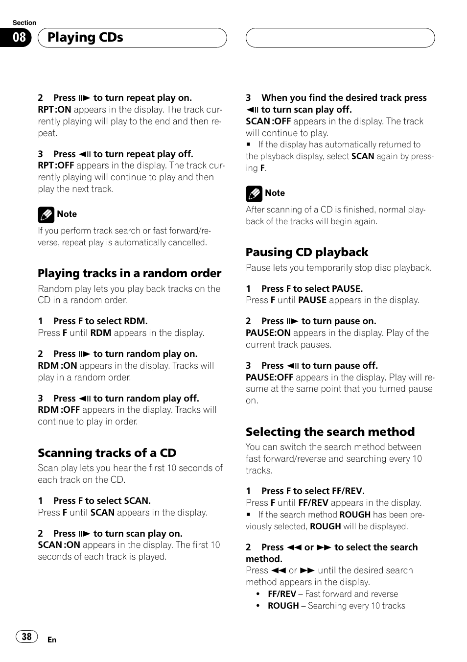 Playing cds, Playing tracks in a random order, Scanning tracks of a cd | Pausing cd playback, Selecting the search method | Pioneer DVH-P5650MP User Manual | Page 38 / 102