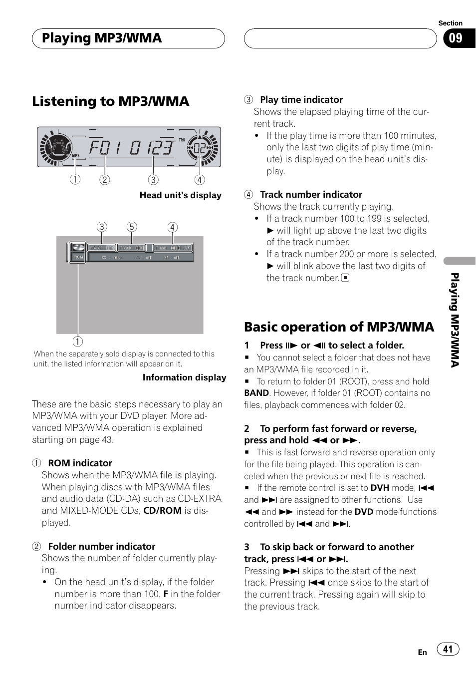 Listening to mp3/wma, Basic operation of mp3/wma, Playing mp3/wma | Pioneer DVH-P5650MP User Manual | Page 41 / 102