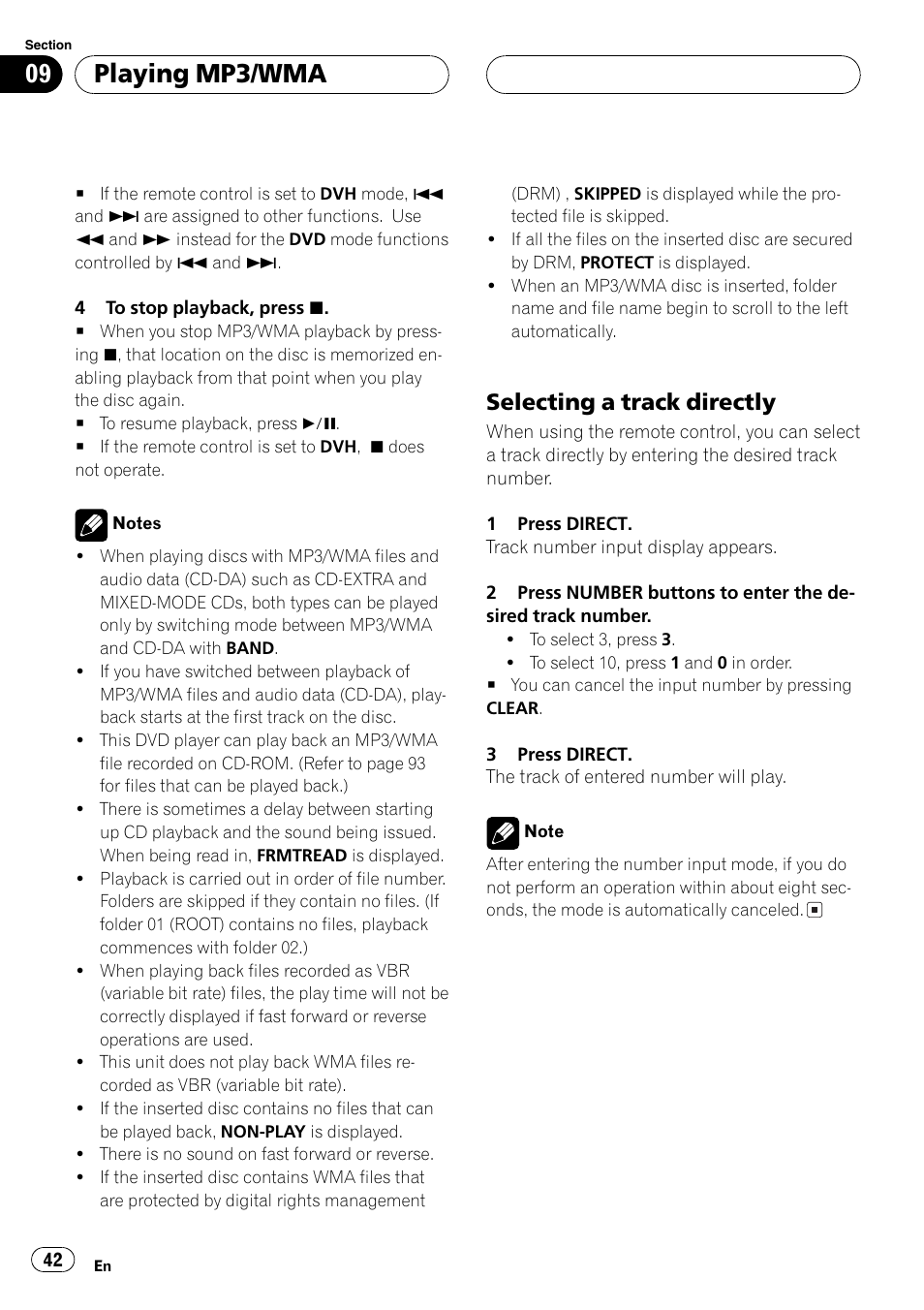 Playing mp3/wma, Selecting a trackdirectly | Pioneer DVH-P5650MP User Manual | Page 42 / 102