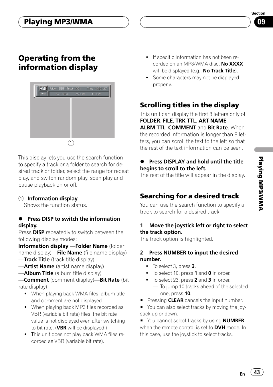 Operating from the information display 43, Operating from the information display, Playing mp3/wma | Scrolling titles in the display, Searching for a desired track | Pioneer DVH-P5650MP User Manual | Page 43 / 102