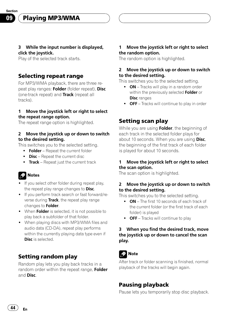 Playing mp3/wma, Selecting repeat range, Setting random play | Setting scan play, Pausing playback | Pioneer DVH-P5650MP User Manual | Page 44 / 102