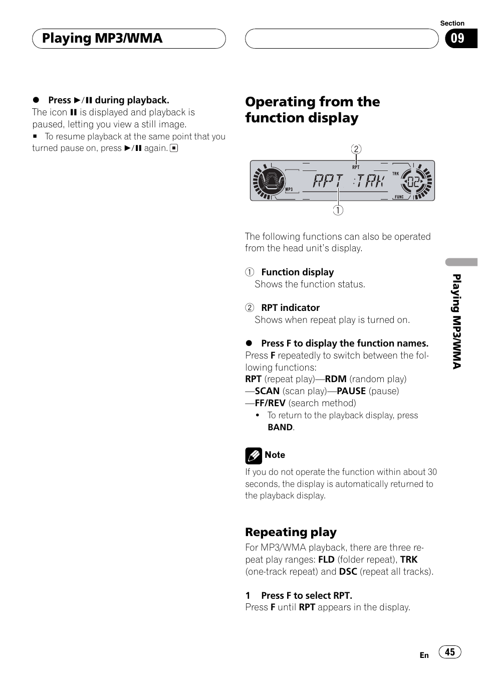 Operating from the function display 45, Operating from the function display, Playing mp3/wma | Pioneer DVH-P5650MP User Manual | Page 45 / 102