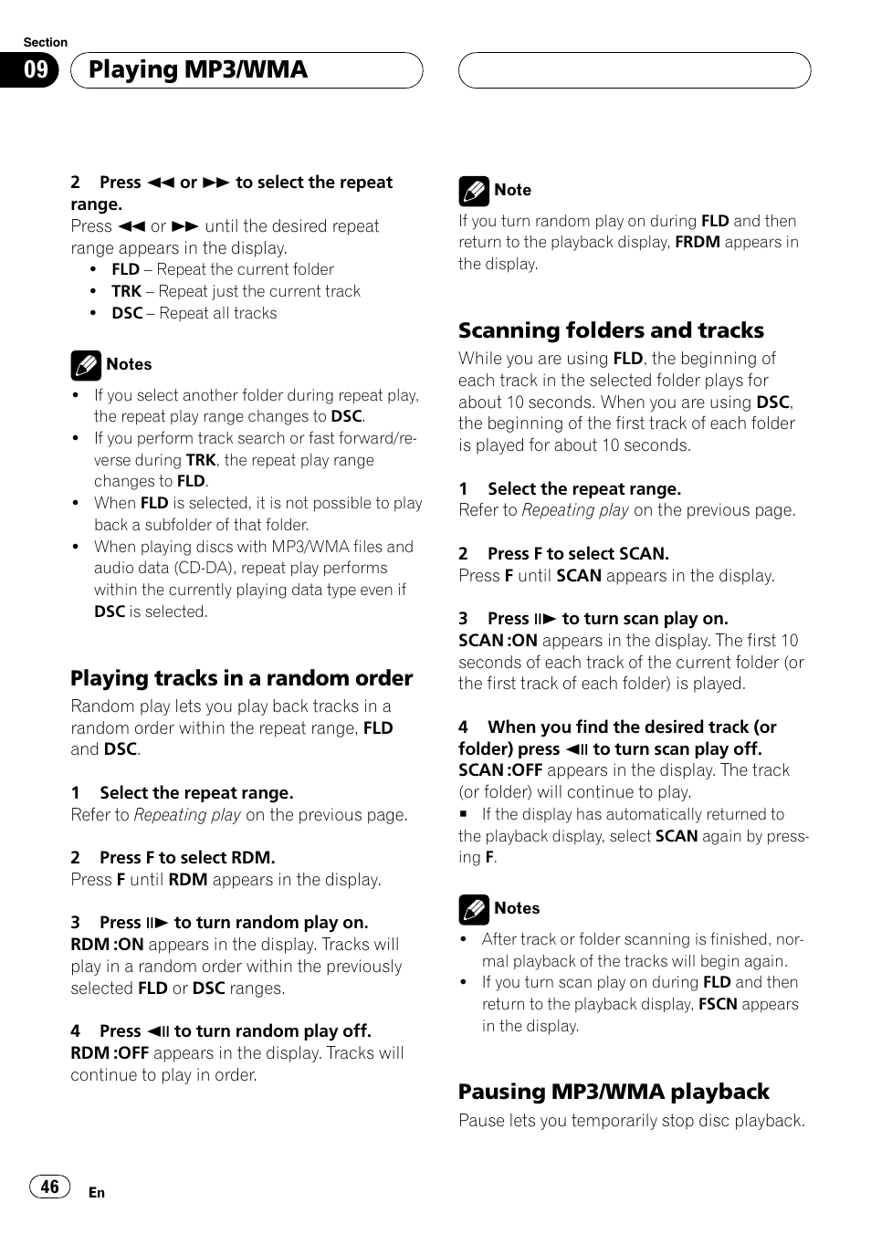 Playing mp3/wma, Playing tracks in a random order, Scanning folders and tracks | Pausing mp3/wma playback | Pioneer DVH-P5650MP User Manual | Page 46 / 102