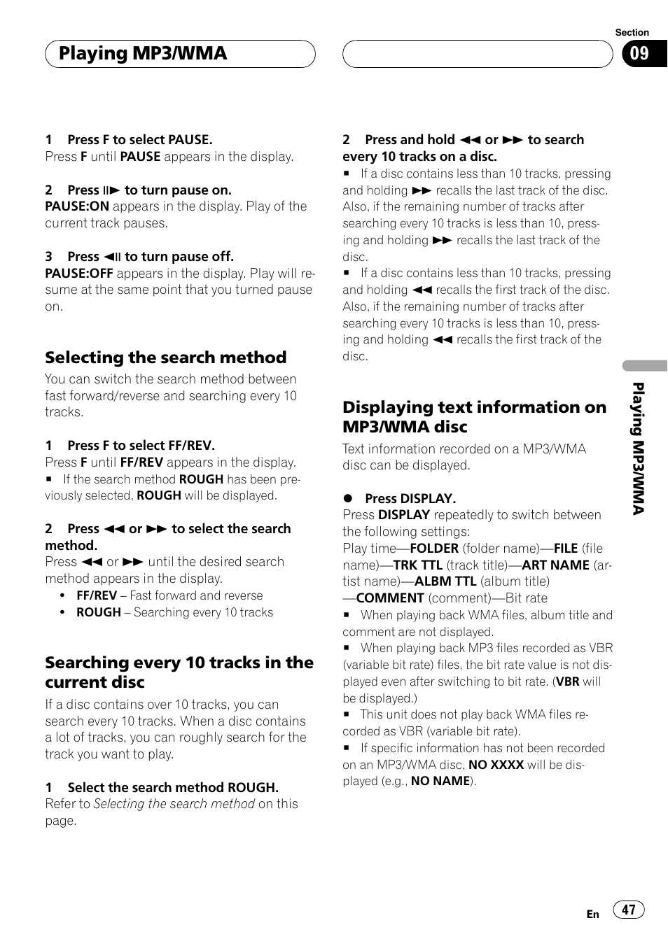 Playing mp3/wma, Selecting the search method, Searching every 10 tracks in the current disc | Displaying text information on mp3/wma disc | Pioneer DVH-P5650MP User Manual | Page 47 / 102