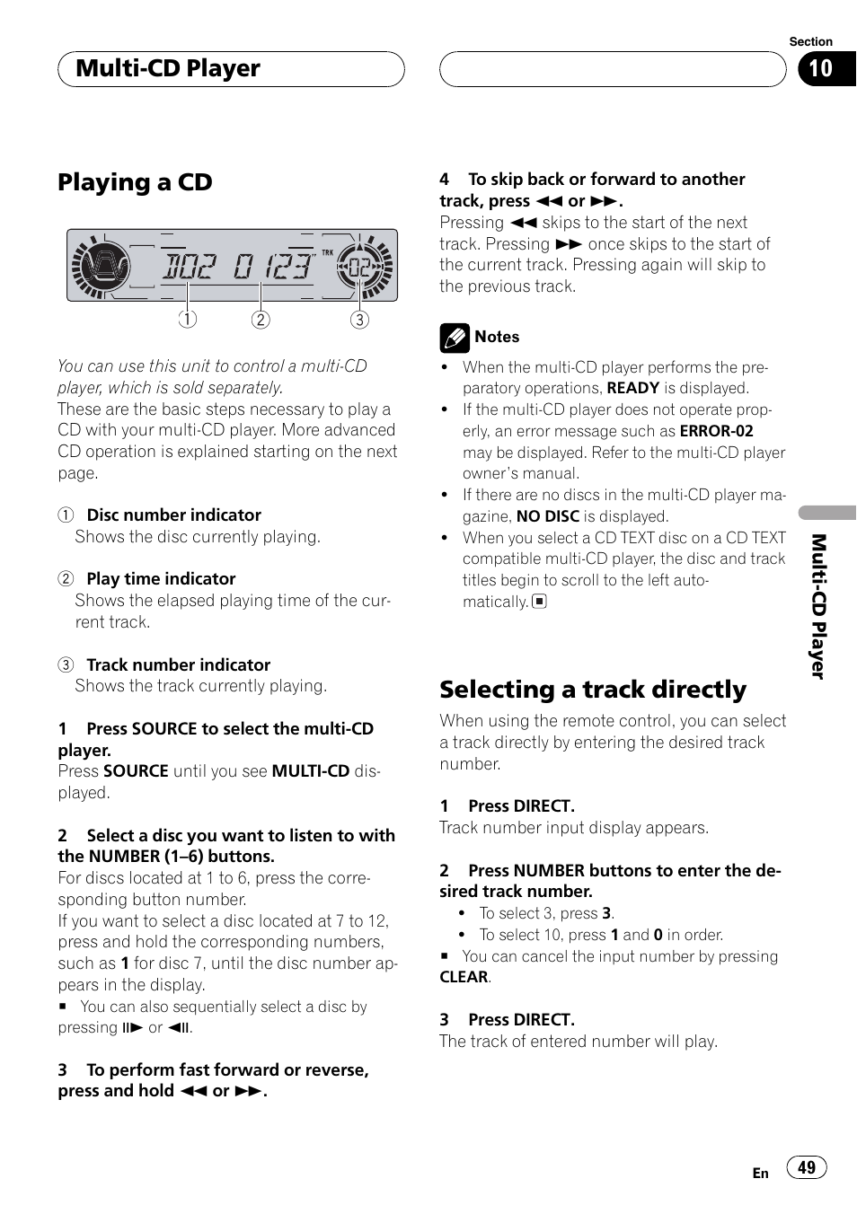 Playing a cd, Selecting a trackdirectly, Multi-cd player | Pioneer DVH-P5650MP User Manual | Page 49 / 102