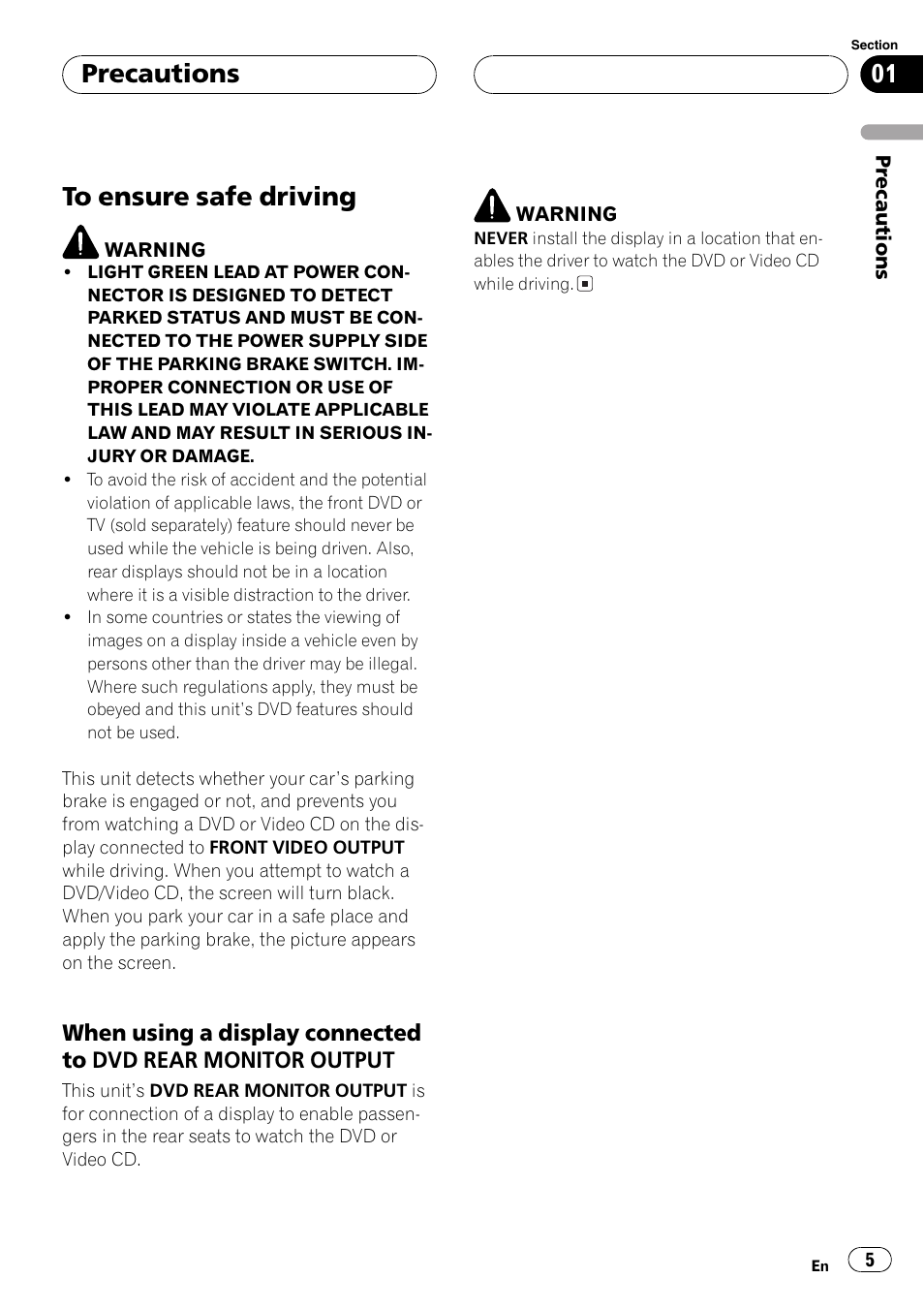 Precautions to ensure safe driving 5, Precautions | Pioneer DVH-P5650MP User Manual | Page 5 / 102