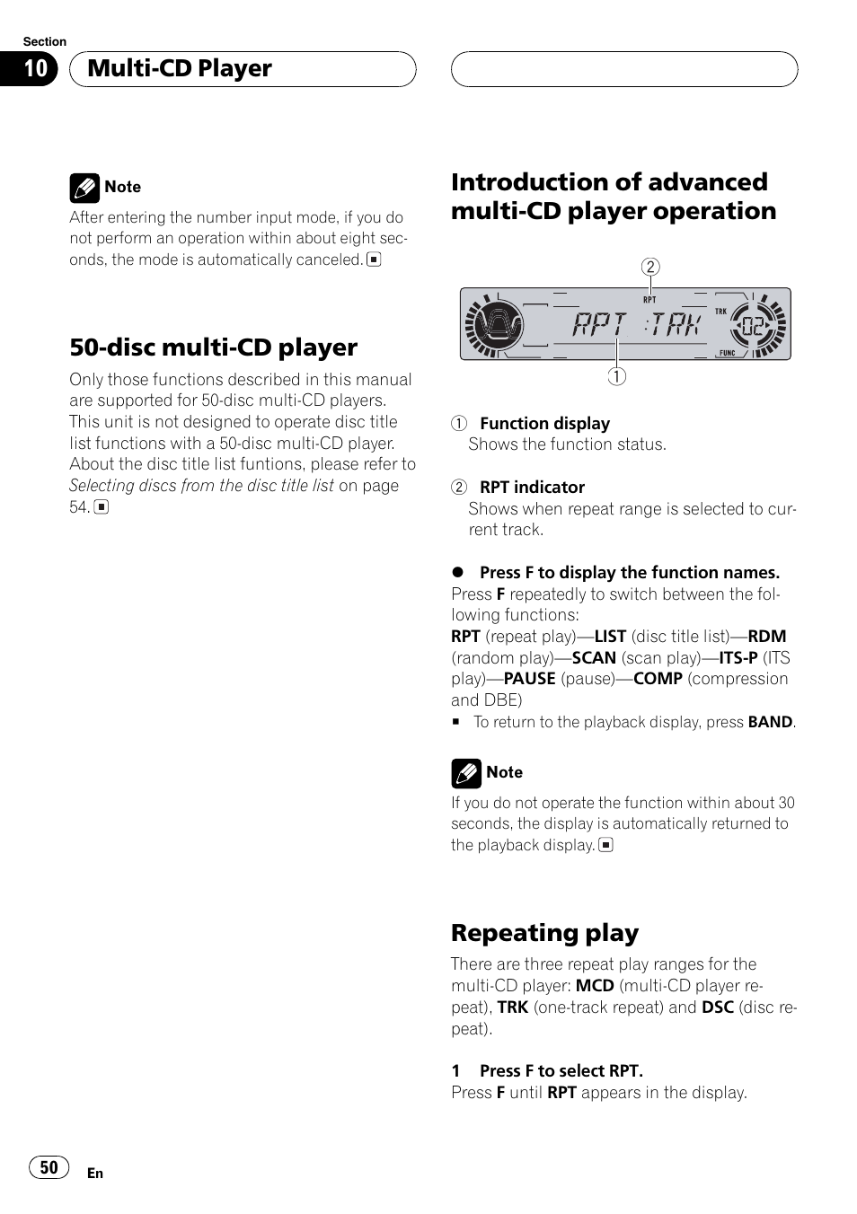 Operation 50, Repeating play 50, Disc multi-cd player | Introduction of advanced multi-cd player operation, Repeating play, Multi-cd player | Pioneer DVH-P5650MP User Manual | Page 50 / 102