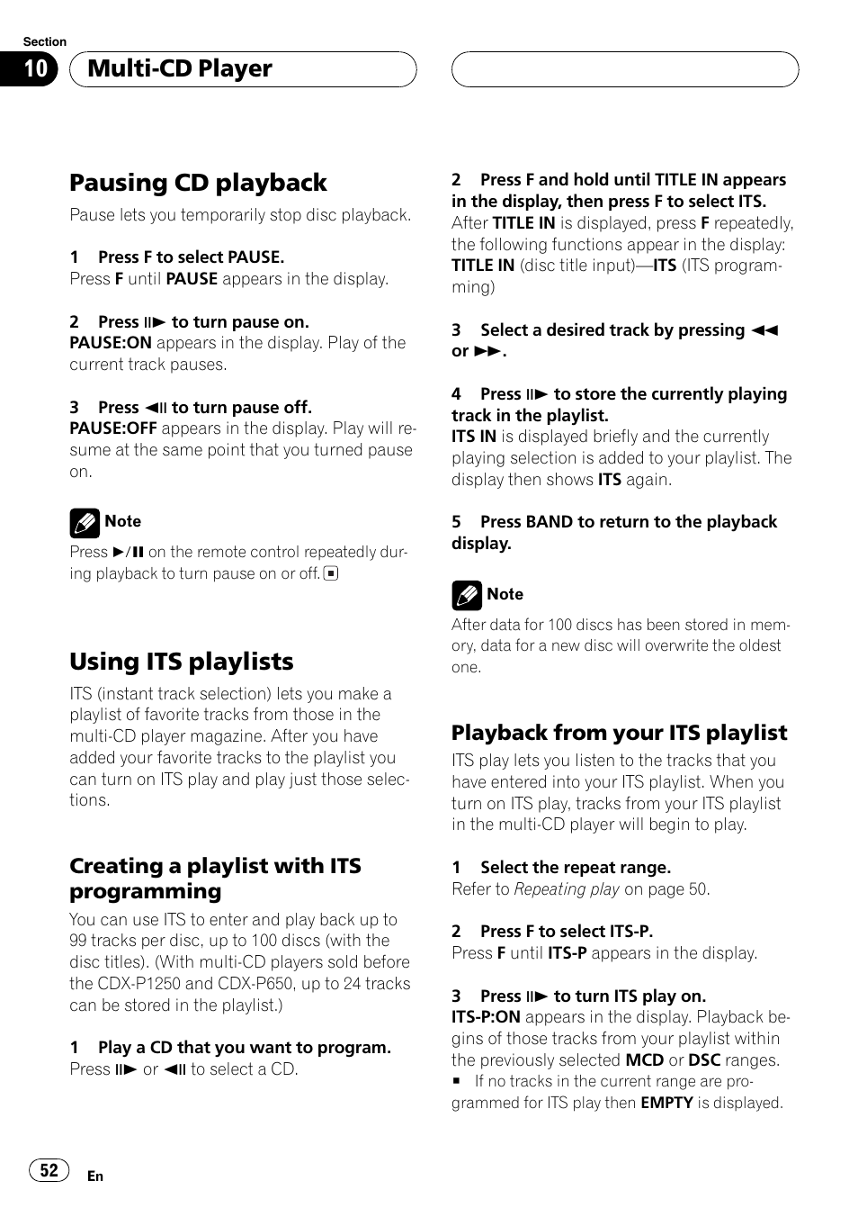 Pausing cd playback 52 using its playlists 52, Pausing cd playback, Using its playlists | Multi-cd player, Creating a playlist with its programming, Playbackfrom your its playlist | Pioneer DVH-P5650MP User Manual | Page 52 / 102