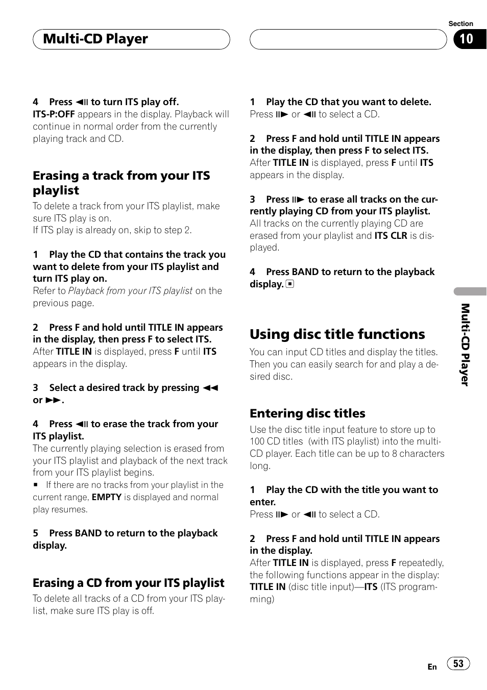 Using disc title functions 53, Using disc title functions, Multi-cd player | Erasing a trackfrom your its playlist, Erasing a cd from your its playlist, Entering disc titles | Pioneer DVH-P5650MP User Manual | Page 53 / 102