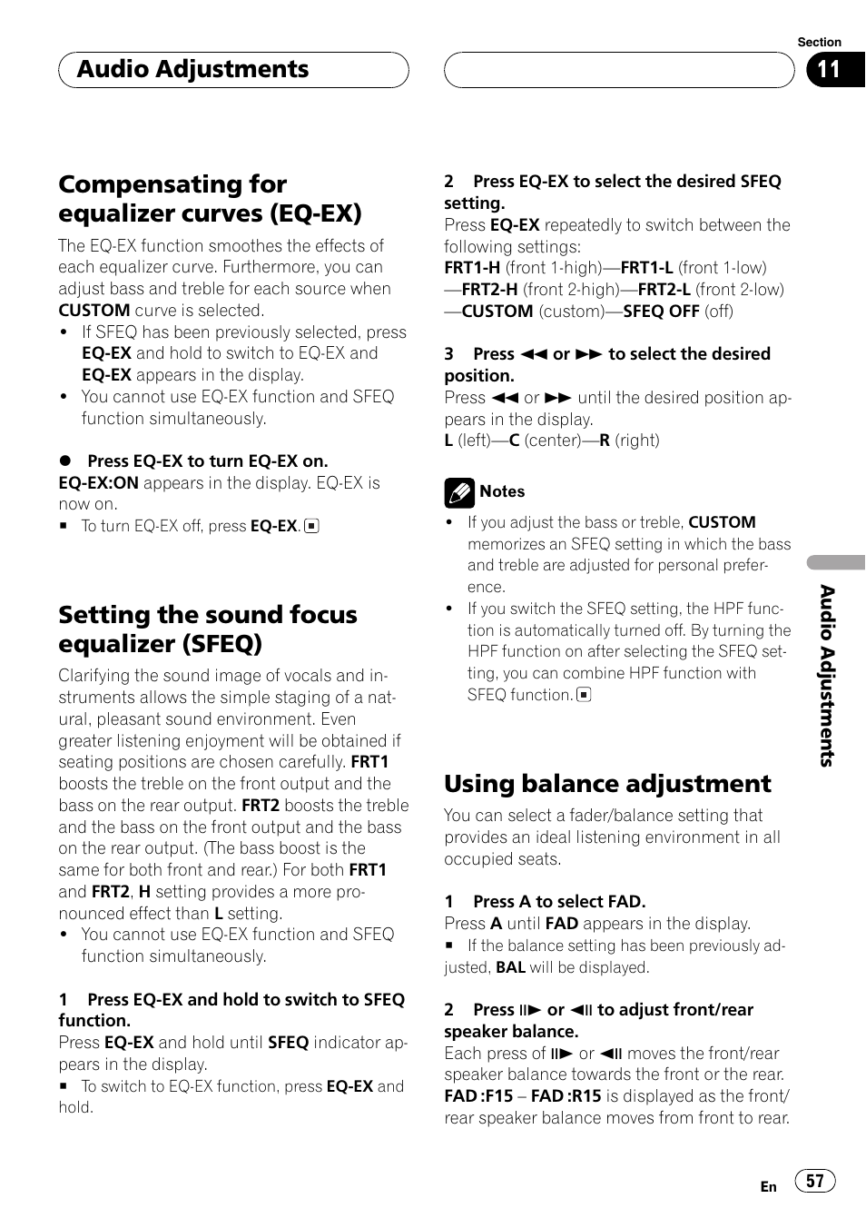 Compensating for equalizer curves (eq, Ex) 57, Setting the sound focus equalizer | Sfeq) 57, Using balance adjustment 57, Compensating for equalizer curves (eq-ex), Setting the sound focus equalizer (sfeq), Using balance adjustment, Audio adjustments | Pioneer DVH-P5650MP User Manual | Page 57 / 102