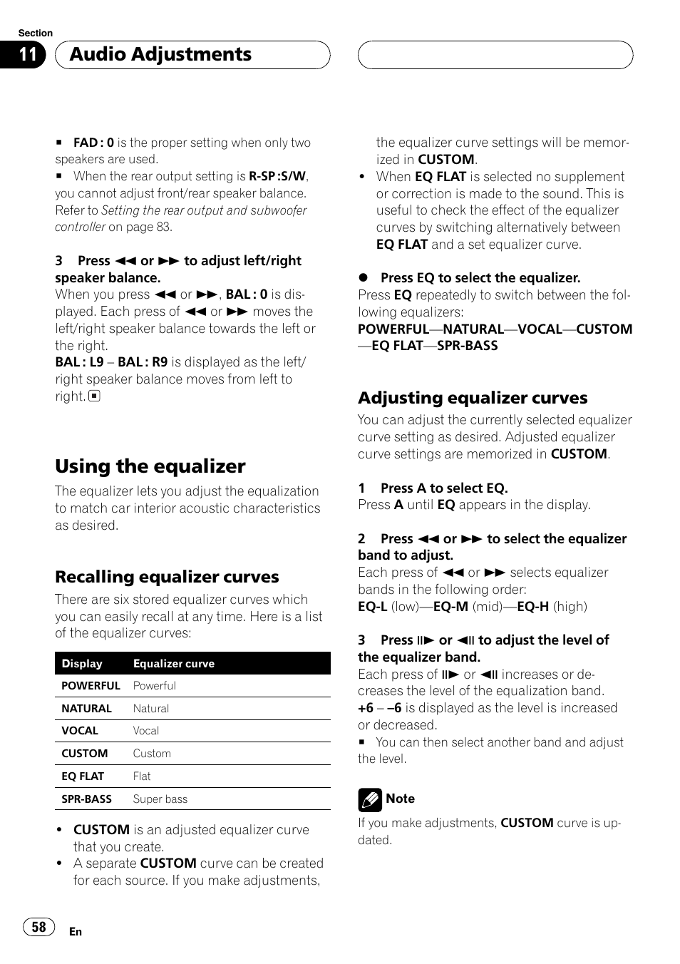 Using the equalizer 58, Using the equalizer, Audio adjustments | Recalling equalizer curves, Adjusting equalizer curves | Pioneer DVH-P5650MP User Manual | Page 58 / 102