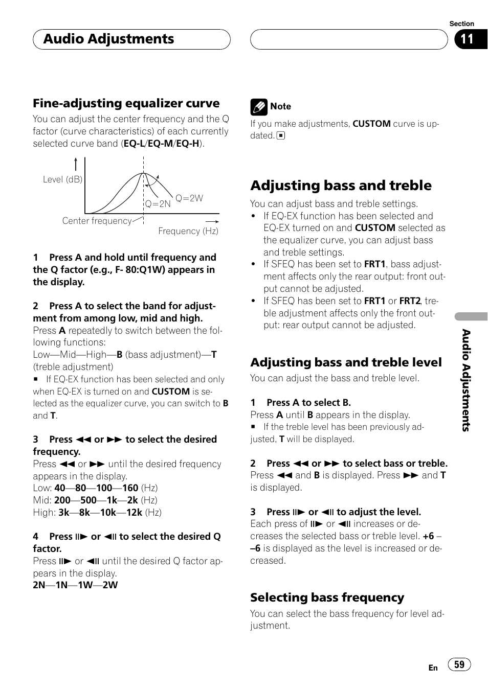 Adjusting bass and treble 59, Adjusting bass and treble, Audio adjustments | Fine-adjusting equalizer curve, Adjusting bass and treble level, Selecting bass frequency | Pioneer DVH-P5650MP User Manual | Page 59 / 102