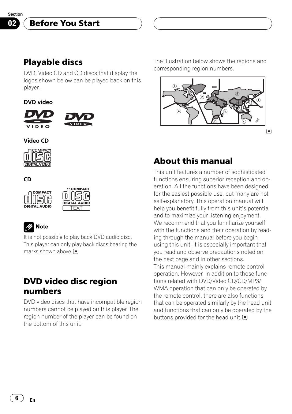 Playable discs 6, Dvd video disc region numbers 6, Playable discs | Dvd video disc region numbers, About this manual, Before you start | Pioneer DVH-P5650MP User Manual | Page 6 / 102