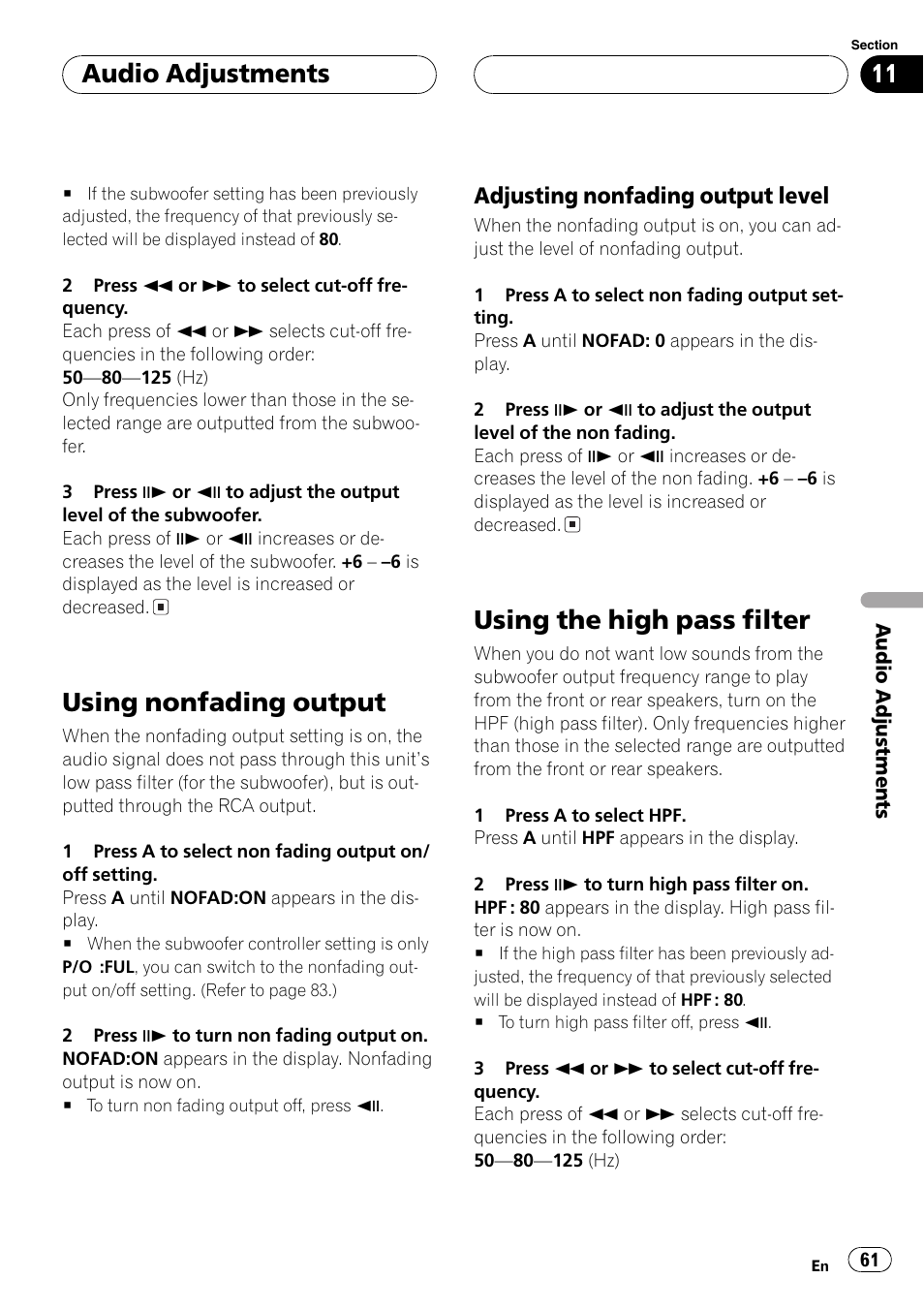 Using nonfading output, Using the high pass filter, Audio adjustments | Adjusting nonfading output level | Pioneer DVH-P5650MP User Manual | Page 61 / 102