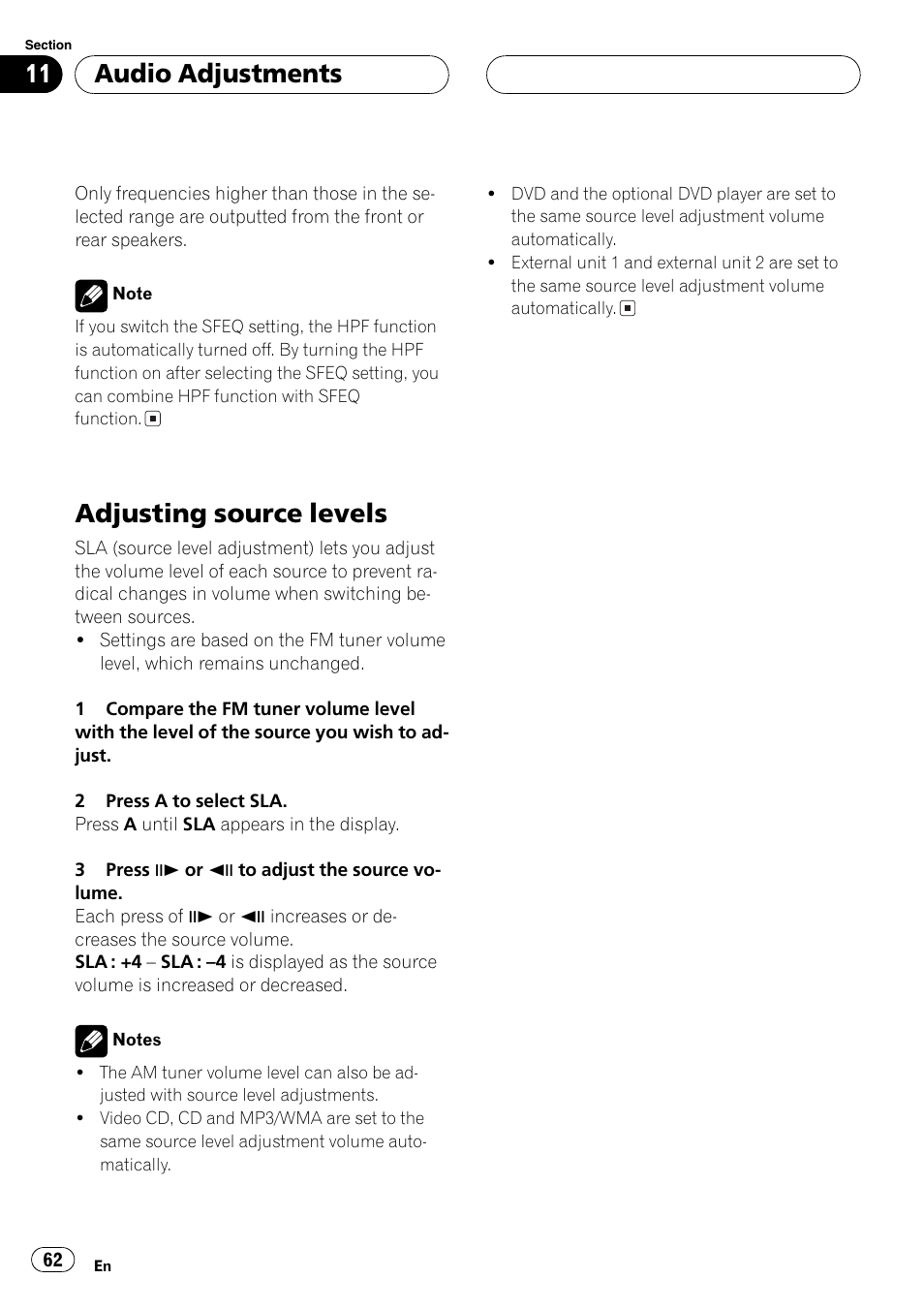 Adjusting source levels 62, Adjusting source levels, Audio adjustments | Pioneer DVH-P5650MP User Manual | Page 62 / 102