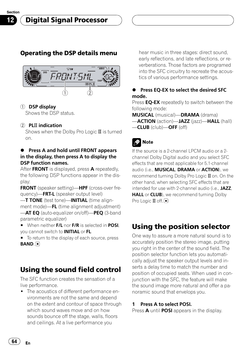 Using the position selector, Using the sound field control, Digital signal processor | Operating the dsp details menu | Pioneer DVH-P5650MP User Manual | Page 64 / 102