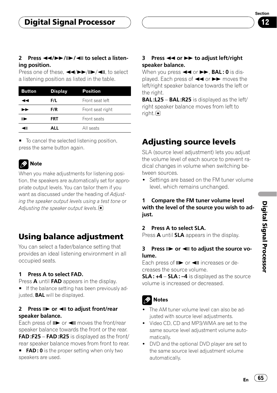 Using balance adjustment, Adjusting source levels, Digital signal processor | Pioneer DVH-P5650MP User Manual | Page 65 / 102
