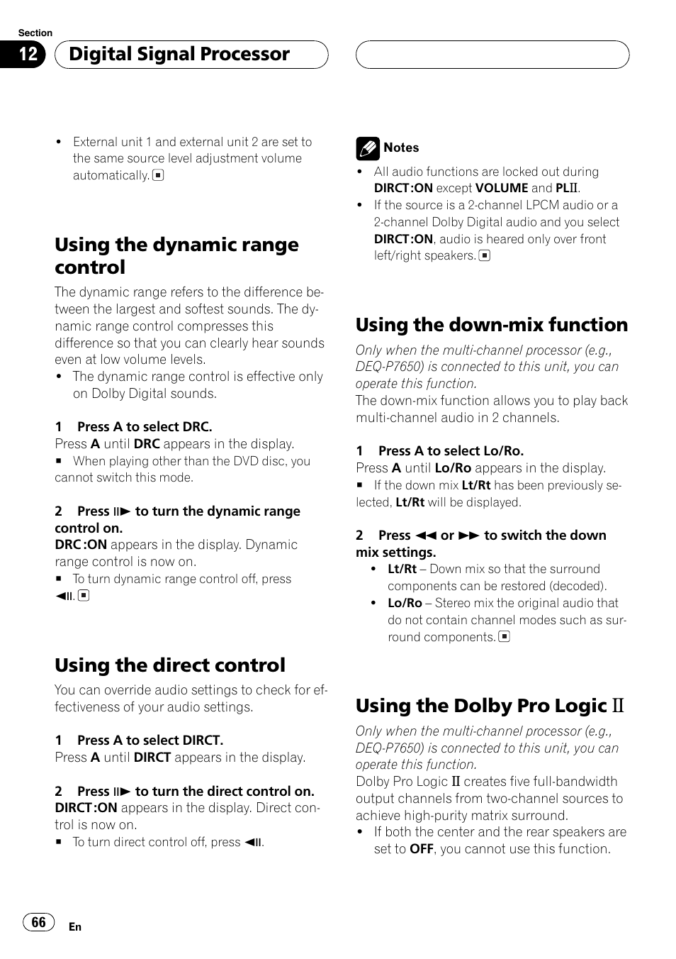 Using the dynamic range control, Using the direct control, Using the down-mix function | Using the dolby pro logic b, Digital signal processor | Pioneer DVH-P5650MP User Manual | Page 66 / 102