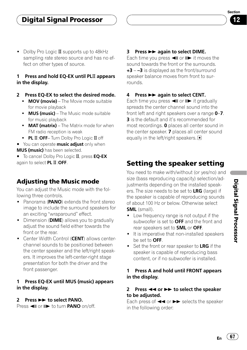 Setting the speaker setting 67, Setting the speaker setting, Digital signal processor | Adjusting the music mode | Pioneer DVH-P5650MP User Manual | Page 67 / 102