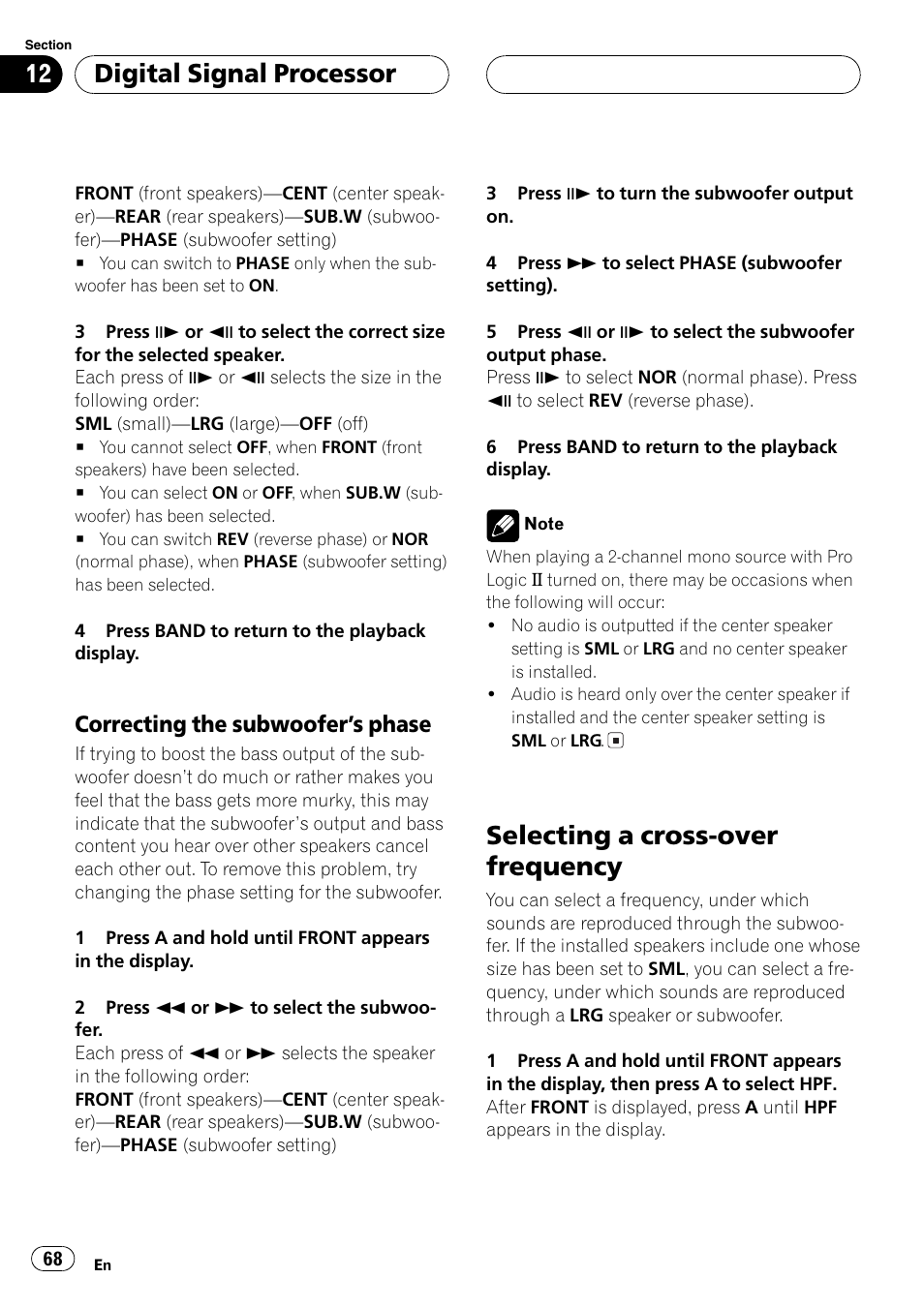 Selecting a cross-over frequency 68, Selecting a cross-over frequency, Digital signal processor | Correcting the subwoofers phase | Pioneer DVH-P5650MP User Manual | Page 68 / 102