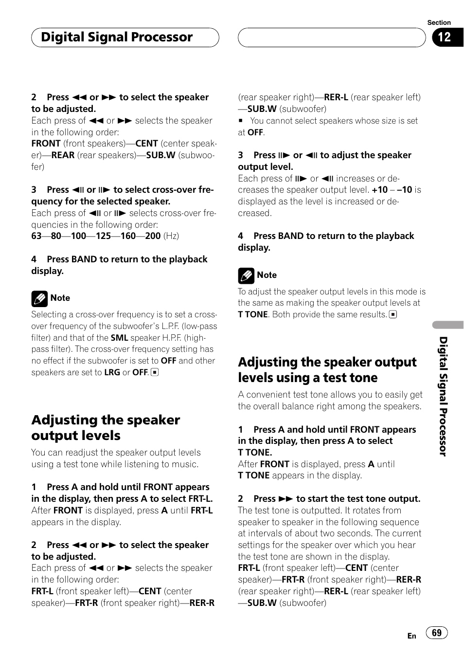 Test tone 69, Adjusting the speaker output levels using a, Test tone | Adjusting the speaker output levels, Digital signal processor | Pioneer DVH-P5650MP User Manual | Page 69 / 102