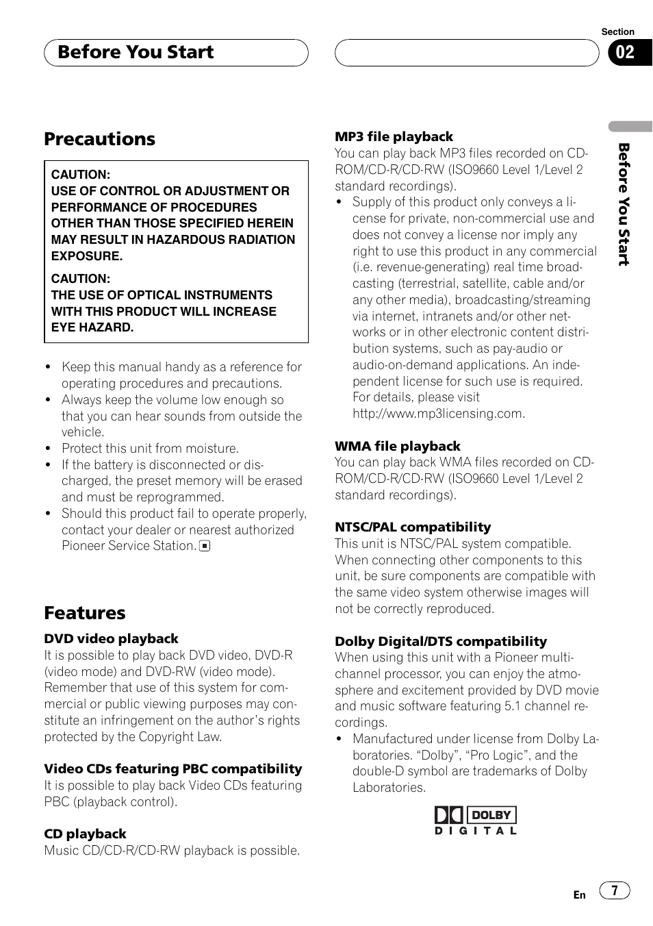 Precautions 7 features 7, Precautions, Features | Before you start | Pioneer DVH-P5650MP User Manual | Page 7 / 102