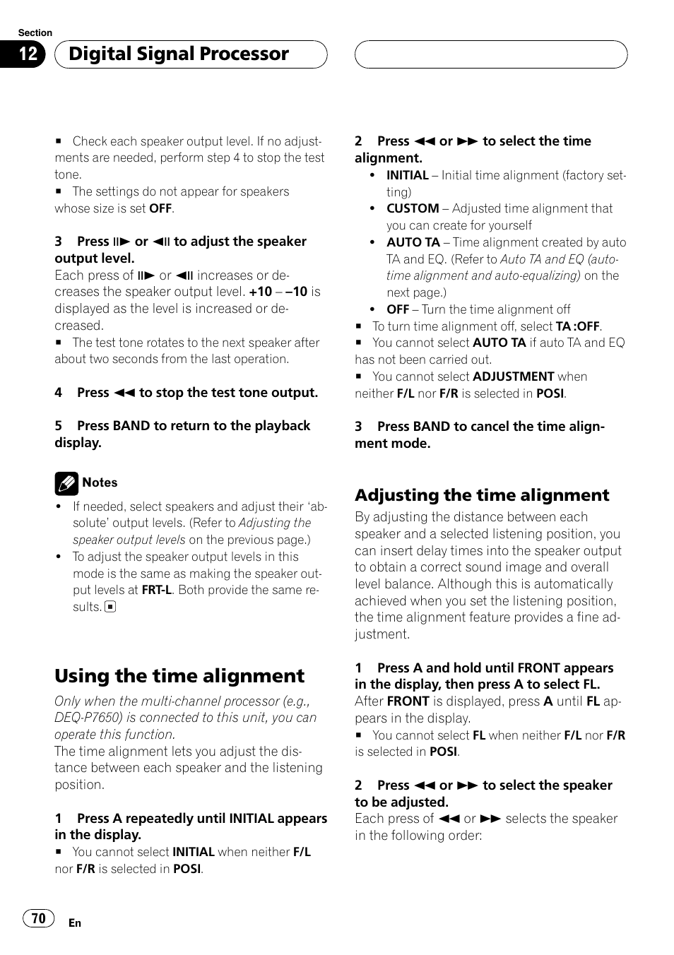 Using the time alignment 70, Adjusting the time alignment, Using the time alignment | Digital signal processor | Pioneer DVH-P5650MP User Manual | Page 70 / 102