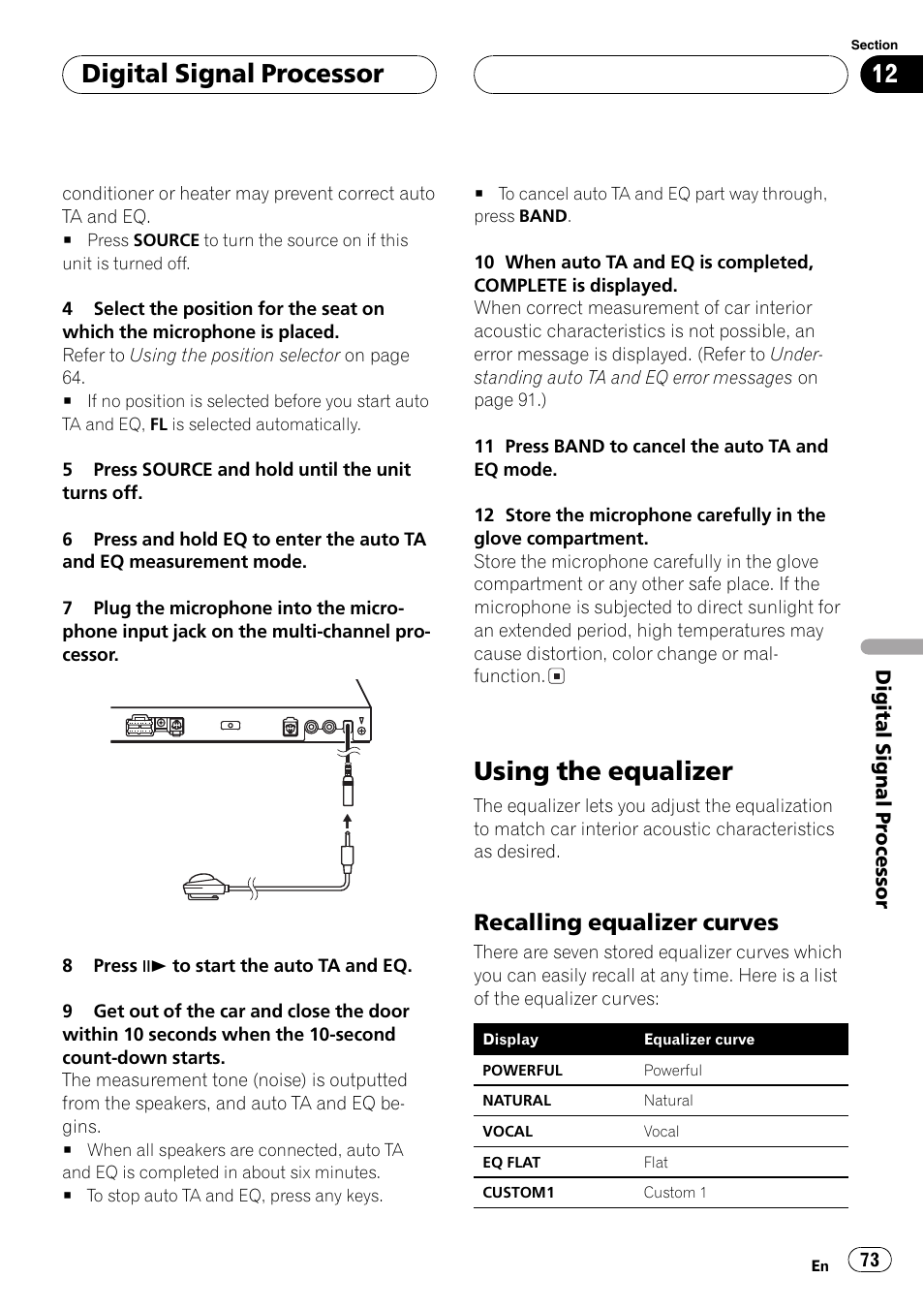 Using the equalizer 73, Using the equalizer, Digital signal processor | Recalling equalizer curves | Pioneer DVH-P5650MP User Manual | Page 73 / 102
