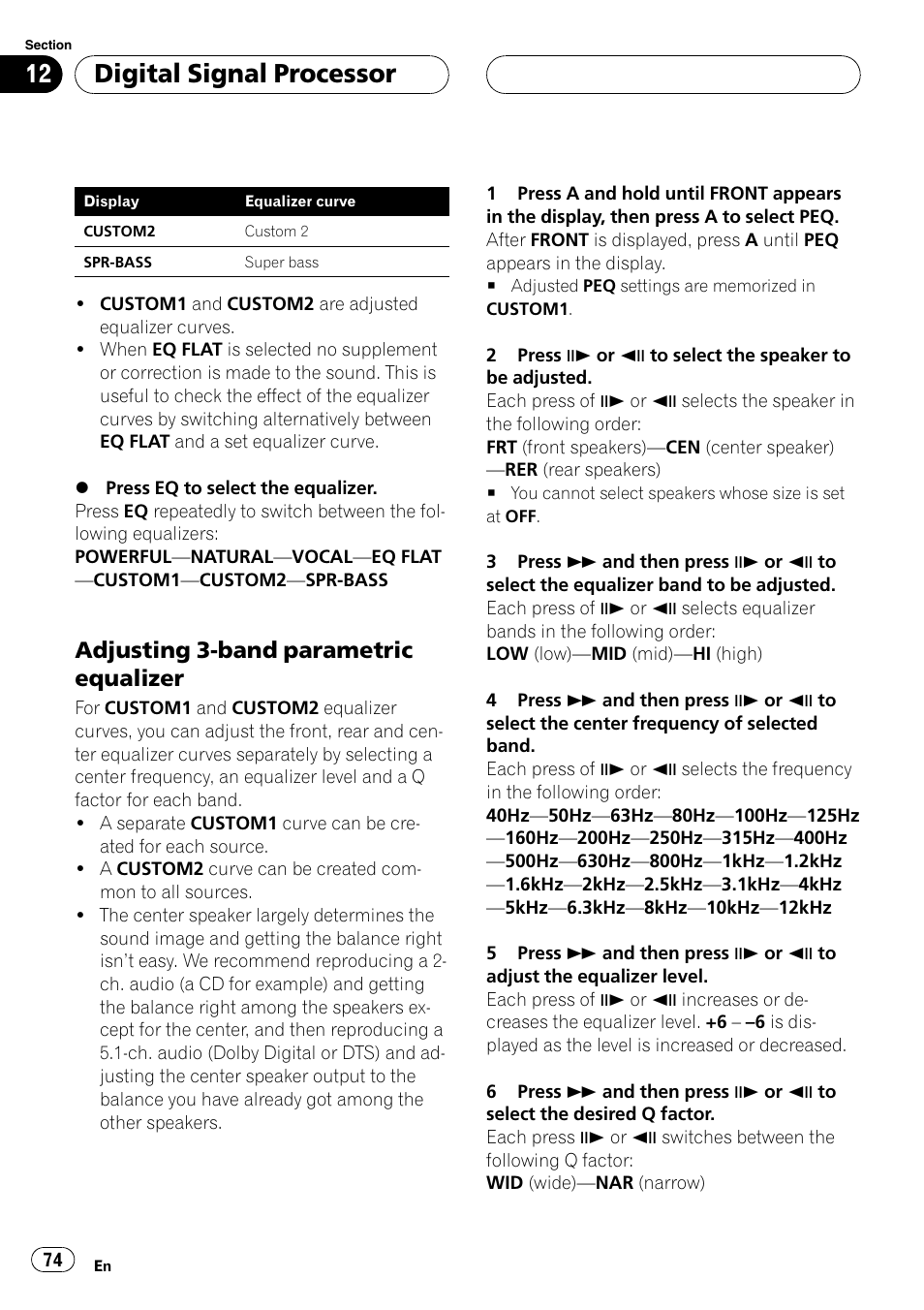 Adjusting 3-band parametric equalizer, Digital signal processor | Pioneer DVH-P5650MP User Manual | Page 74 / 102