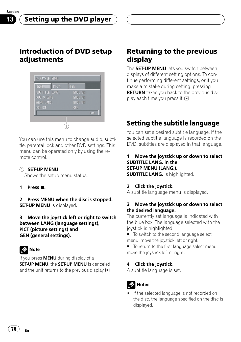Introduction of dvd setup adjustments, Returning to the previous display, Setting the subtitle language | Setting up the dvd player | Pioneer DVH-P5650MP User Manual | Page 76 / 102