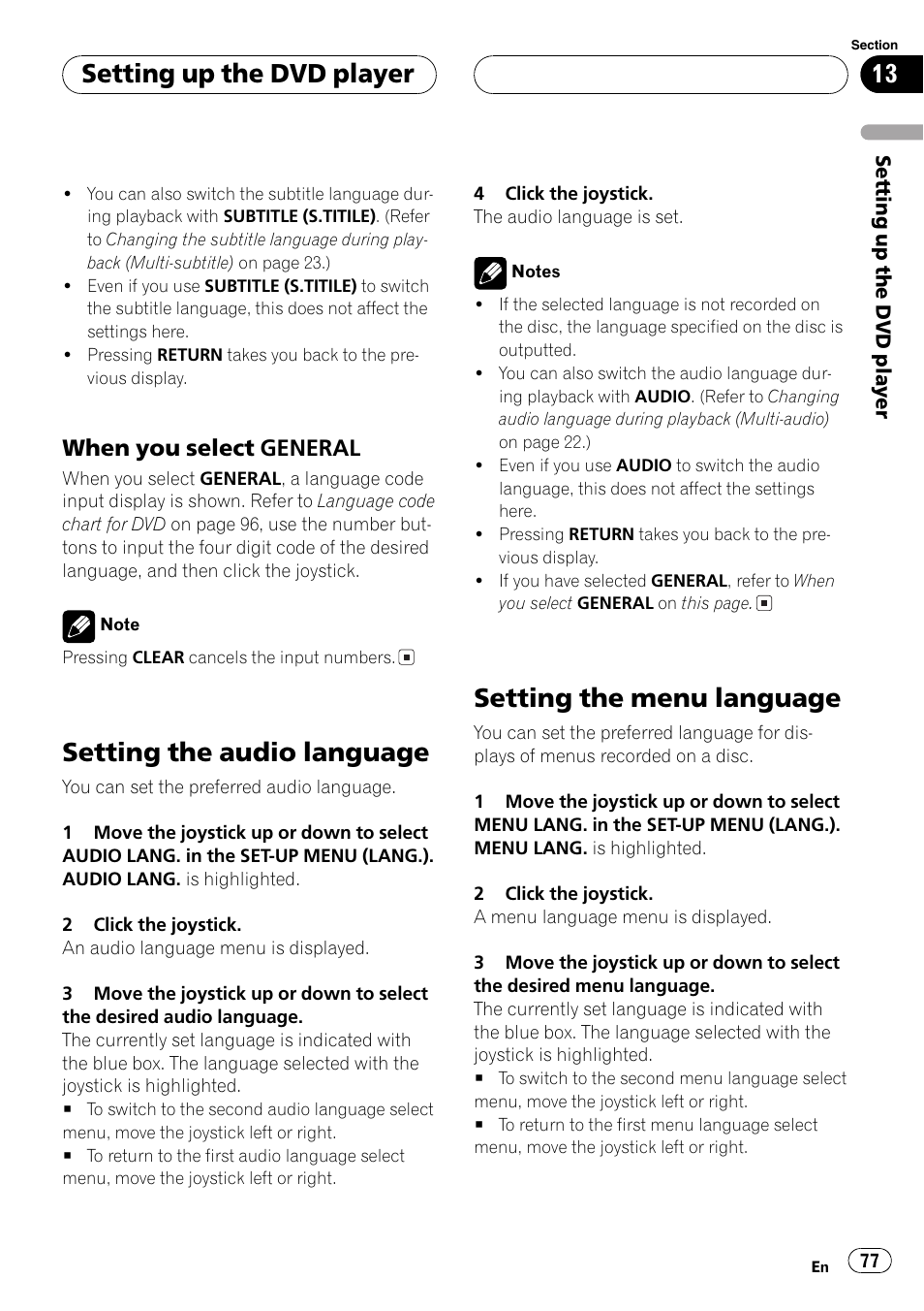 Setting the audio language, Setting the menu language, Setting up the dvd player | When you select general | Pioneer DVH-P5650MP User Manual | Page 77 / 102