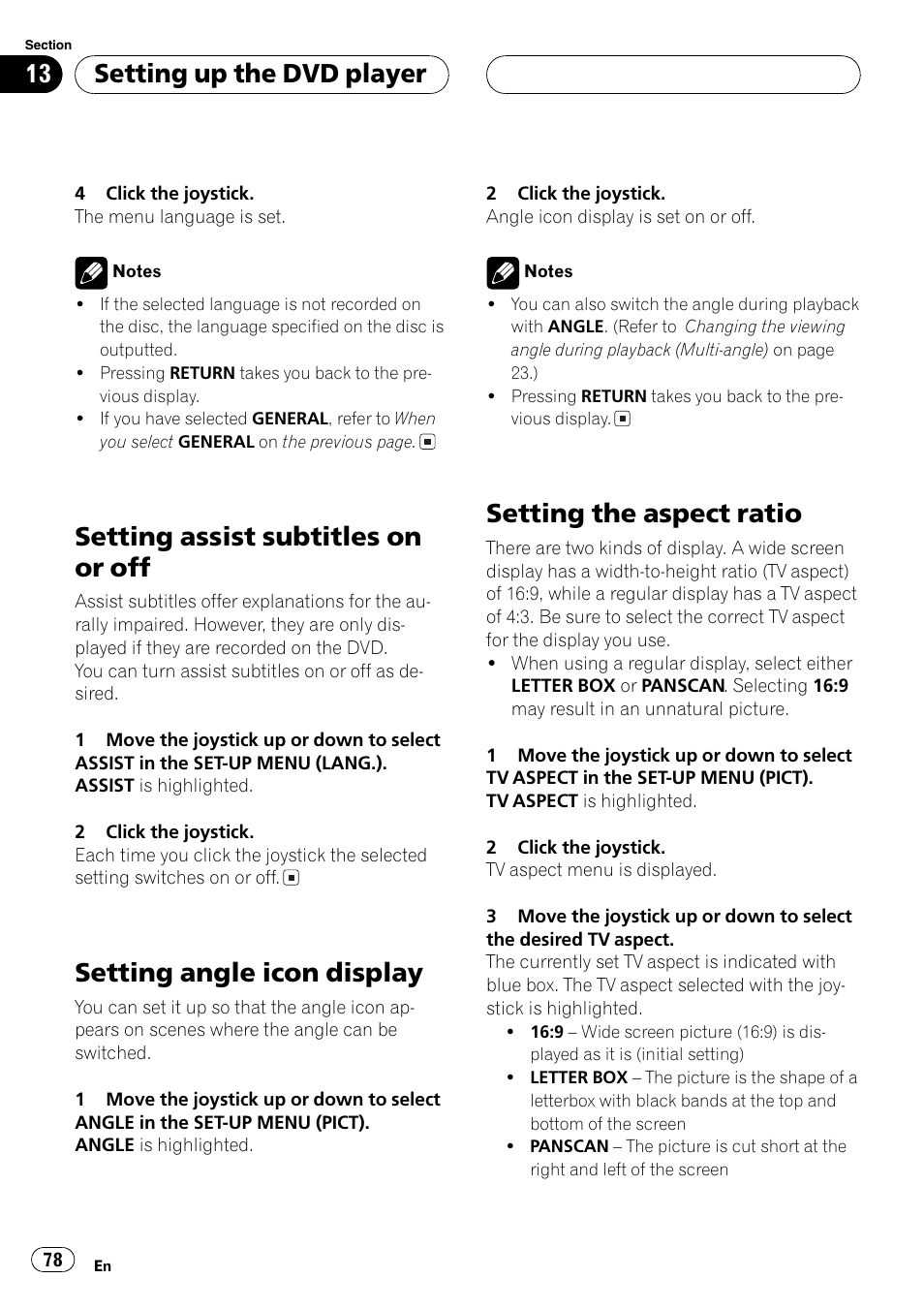 Setting assist subtitles on or off, Setting angle icon display, Setting the aspect ratio | Setting up the dvd player | Pioneer DVH-P5650MP User Manual | Page 78 / 102