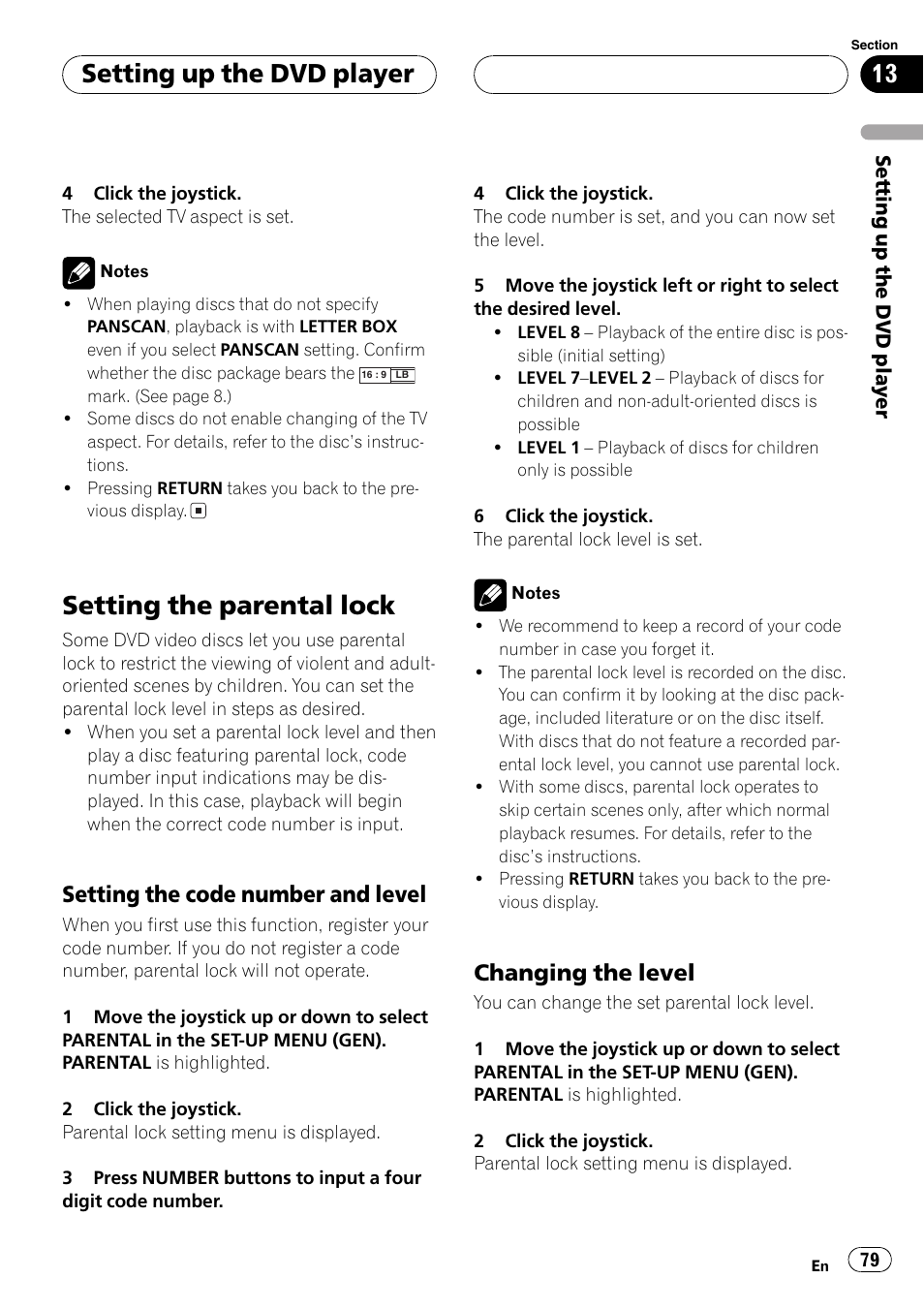 Setting the parental lock 79, Setting the parental lock, Setting up the dvd player | Setting the code number and level, Changing the level | Pioneer DVH-P5650MP User Manual | Page 79 / 102