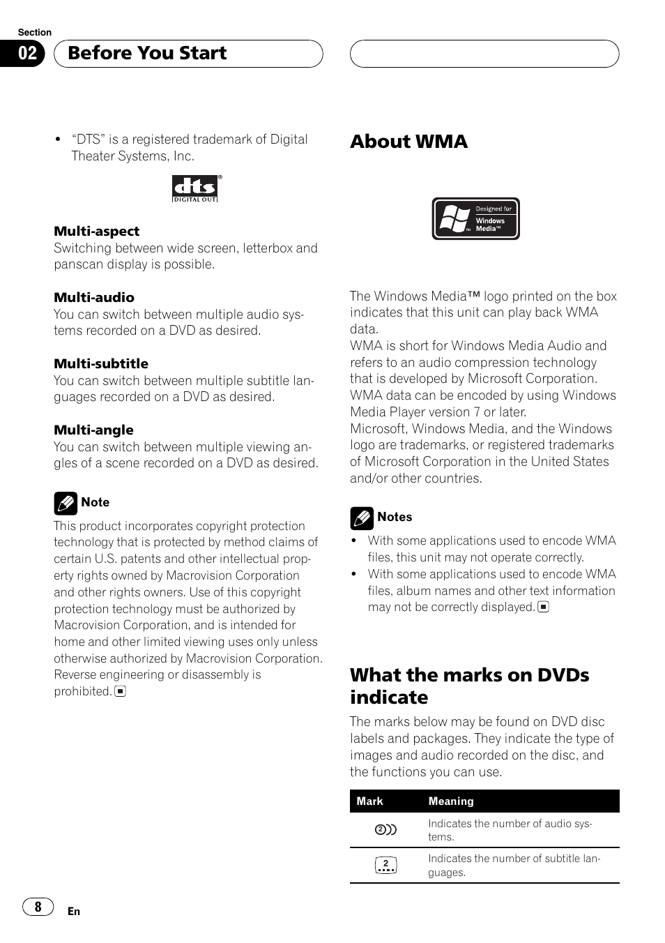 About wma 8 what the marks on dvds indicate 8, About wma, What the marks on dvds indicate | Before you start | Pioneer DVH-P5650MP User Manual | Page 8 / 102