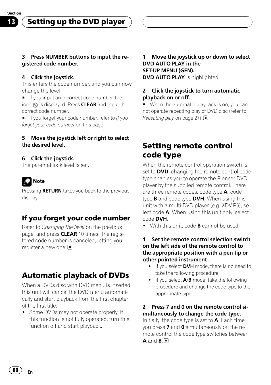 Automatic playbackof dvds, Setting remote control code type, Setting up the dvd player | If you forget your code number | Pioneer DVH-P5650MP User Manual | Page 80 / 102