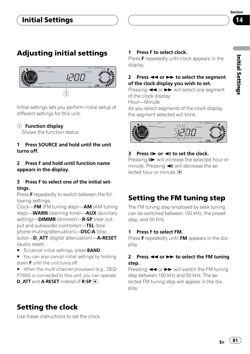 Adjusting initial settings, Setting the clock, Setting the fm tuning step | Initial settings | Pioneer DVH-P5650MP User Manual | Page 81 / 102