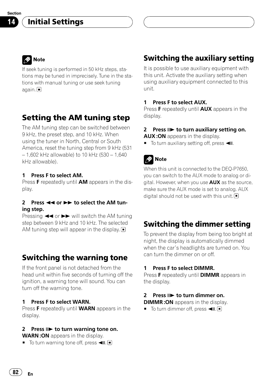 Setting the am tuning step 82, Setting the am tuning step, Switching the warning tone | Switching the auxiliary setting, Switching the dimmer setting, Initial settings | Pioneer DVH-P5650MP User Manual | Page 82 / 102