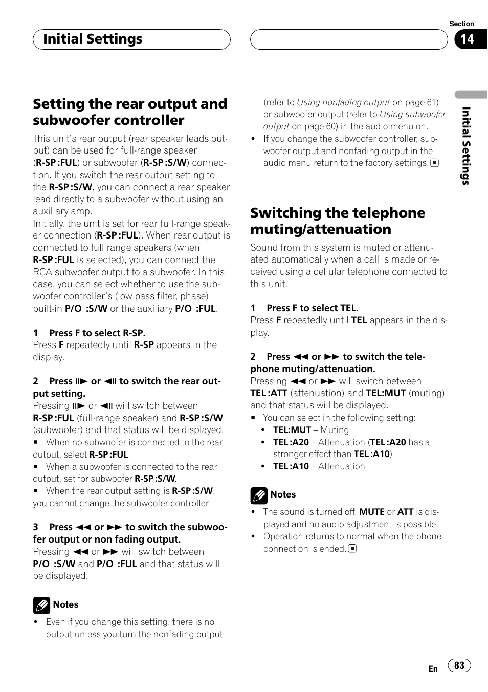 Setting the rear output and subwoofer, Controller 83, Switching the telephone muting | Attenuation 83, Setting the rear output and subwoofer controller, Switching the telephone muting/attenuation, Initial settings | Pioneer DVH-P5650MP User Manual | Page 83 / 102