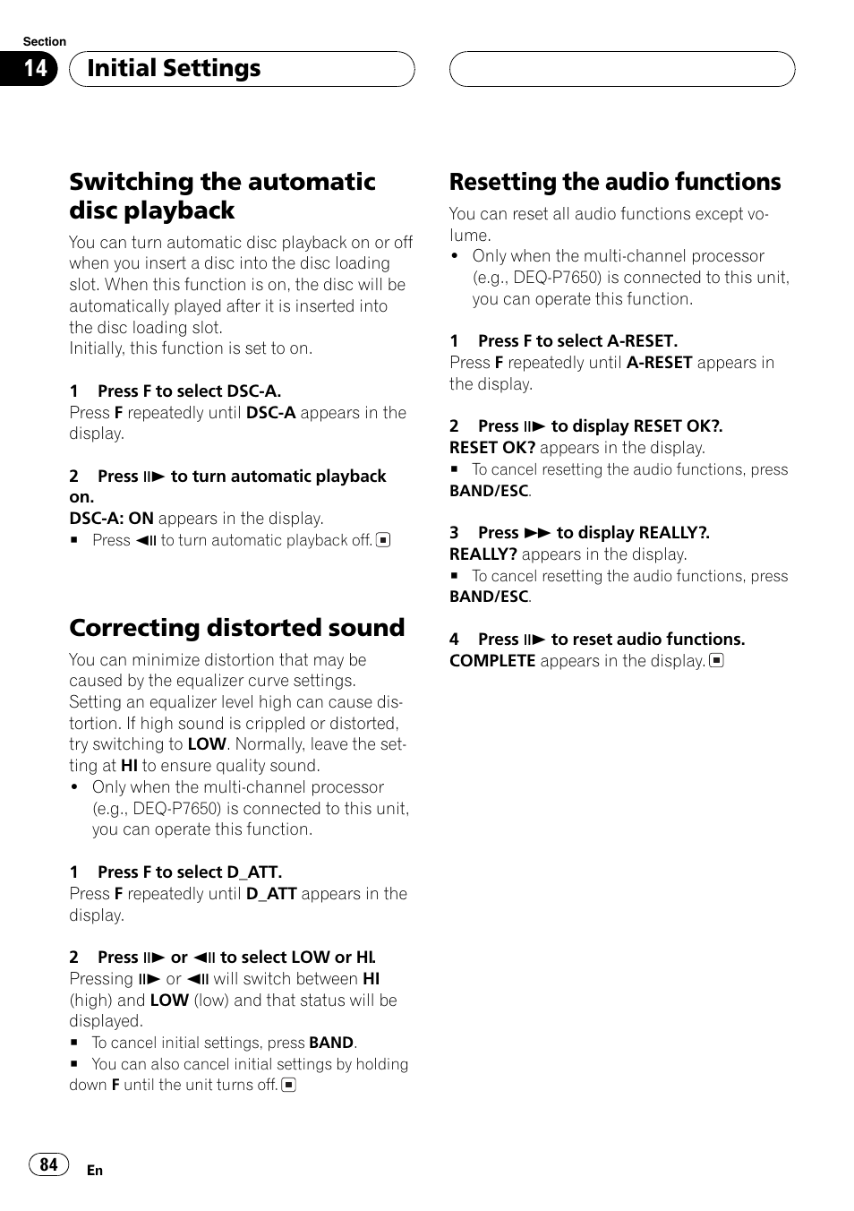 Switching the auto, Switching the automatic disc playback, Correcting distorted sound | Resetting the audio functions, Initial settings | Pioneer DVH-P5650MP User Manual | Page 84 / 102